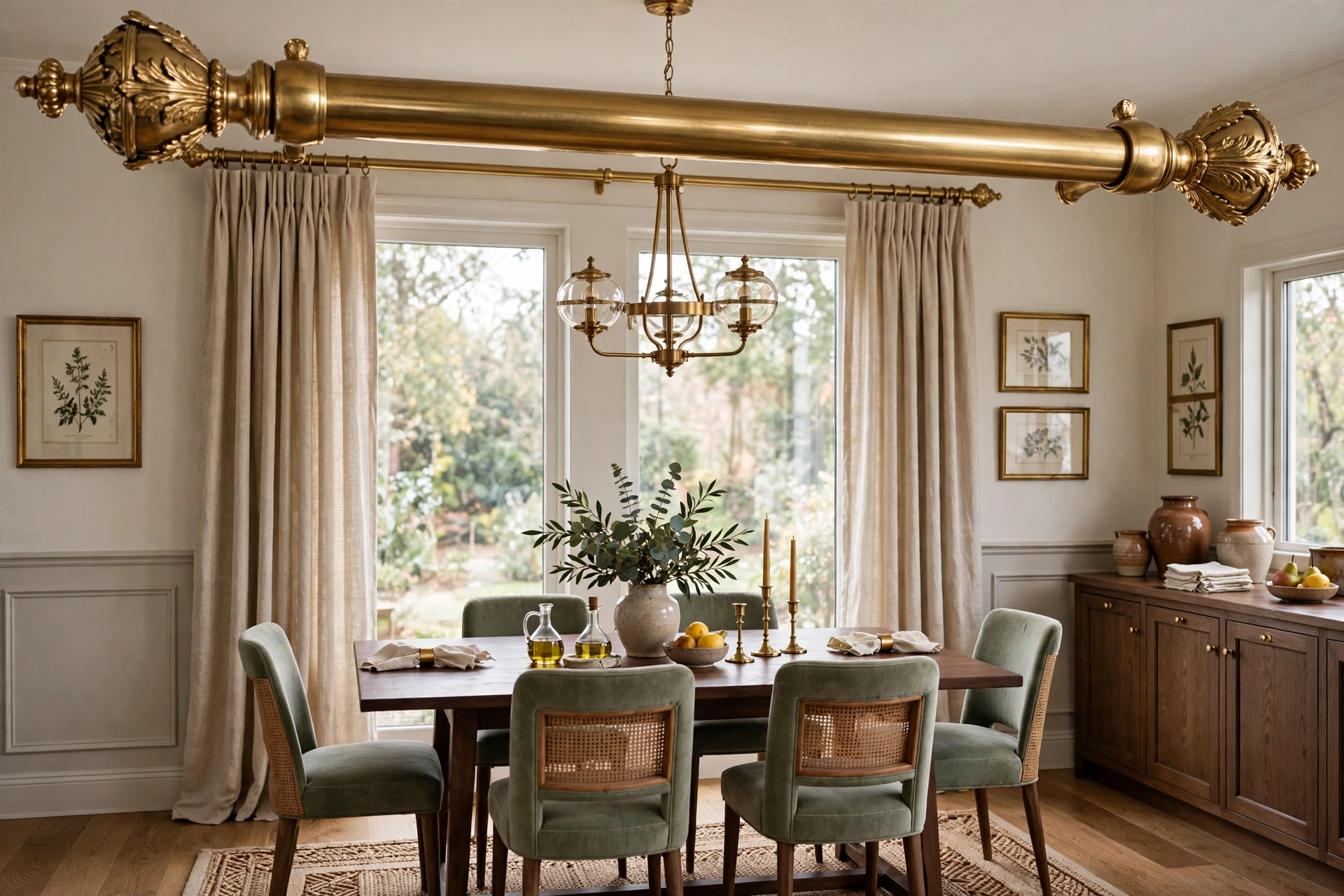 Oversized brass curtain rod with decorative finials in a dining room