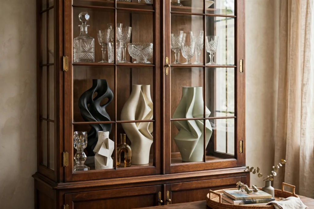China cabinet mixing antique crystal with modern sculptural vases