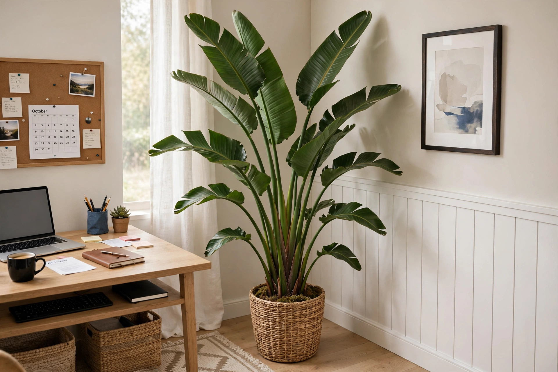 Tall bird of paradise floor plant filling a home office corner