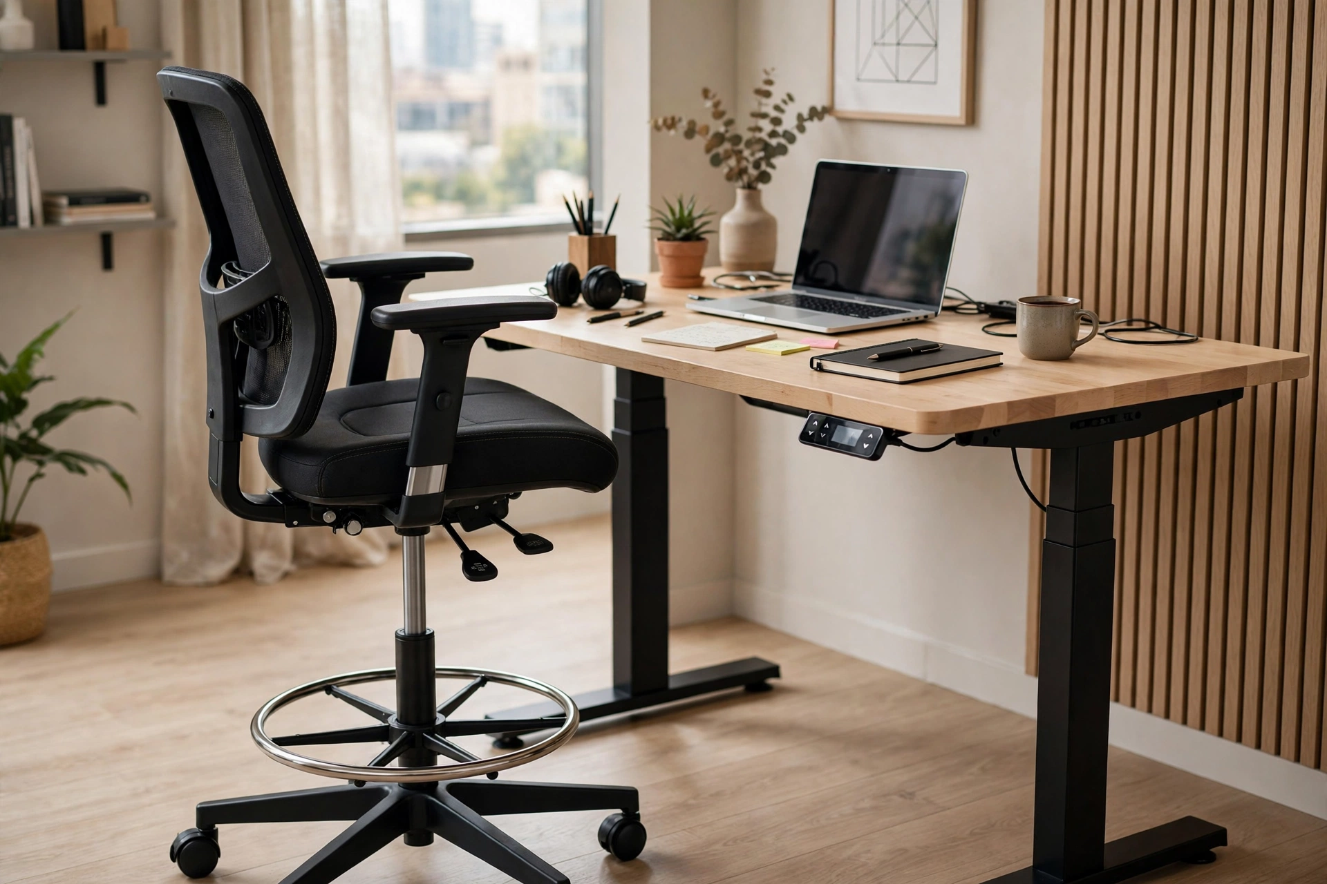 Tall drafting chair with footrest ring at a standing desk