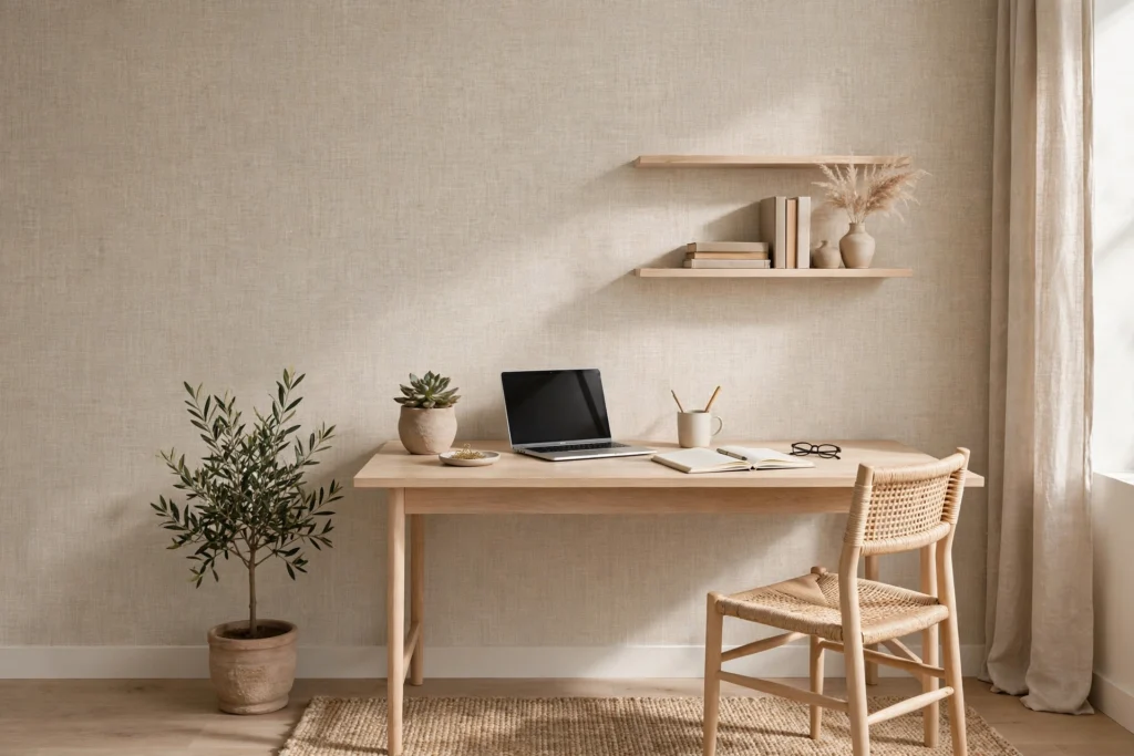 Linen-textured wallpaper in a neutral minimalist home office with light wood furniture