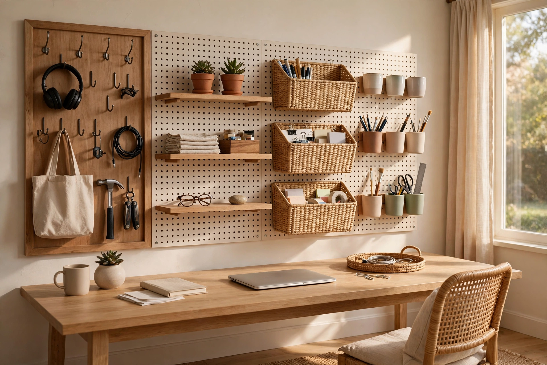 Zoned pegboard with separate sections for hooks shelves bins and cups in a home office