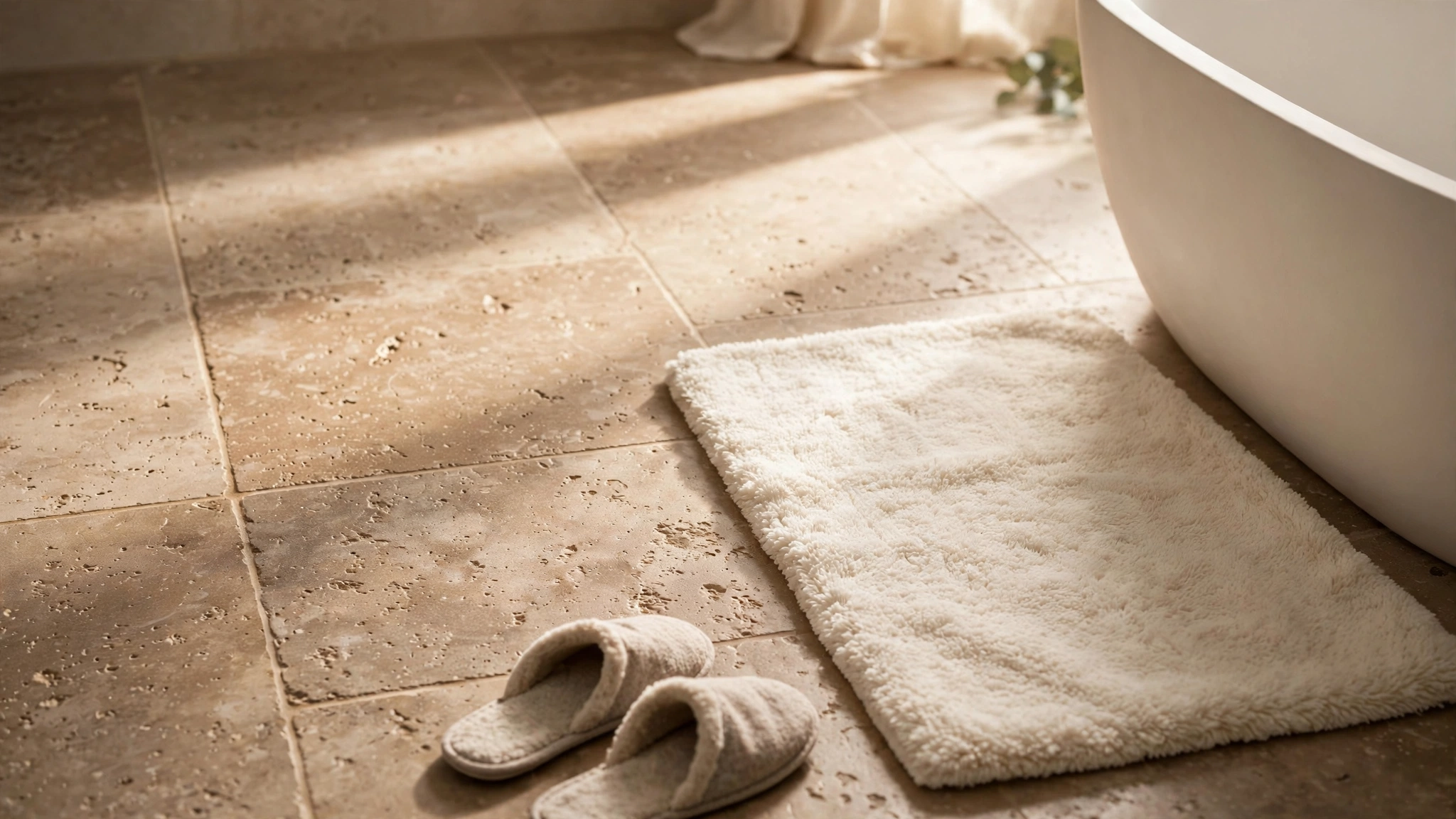 Warm stone bathroom floor with plush bath mat beside a soaking tub