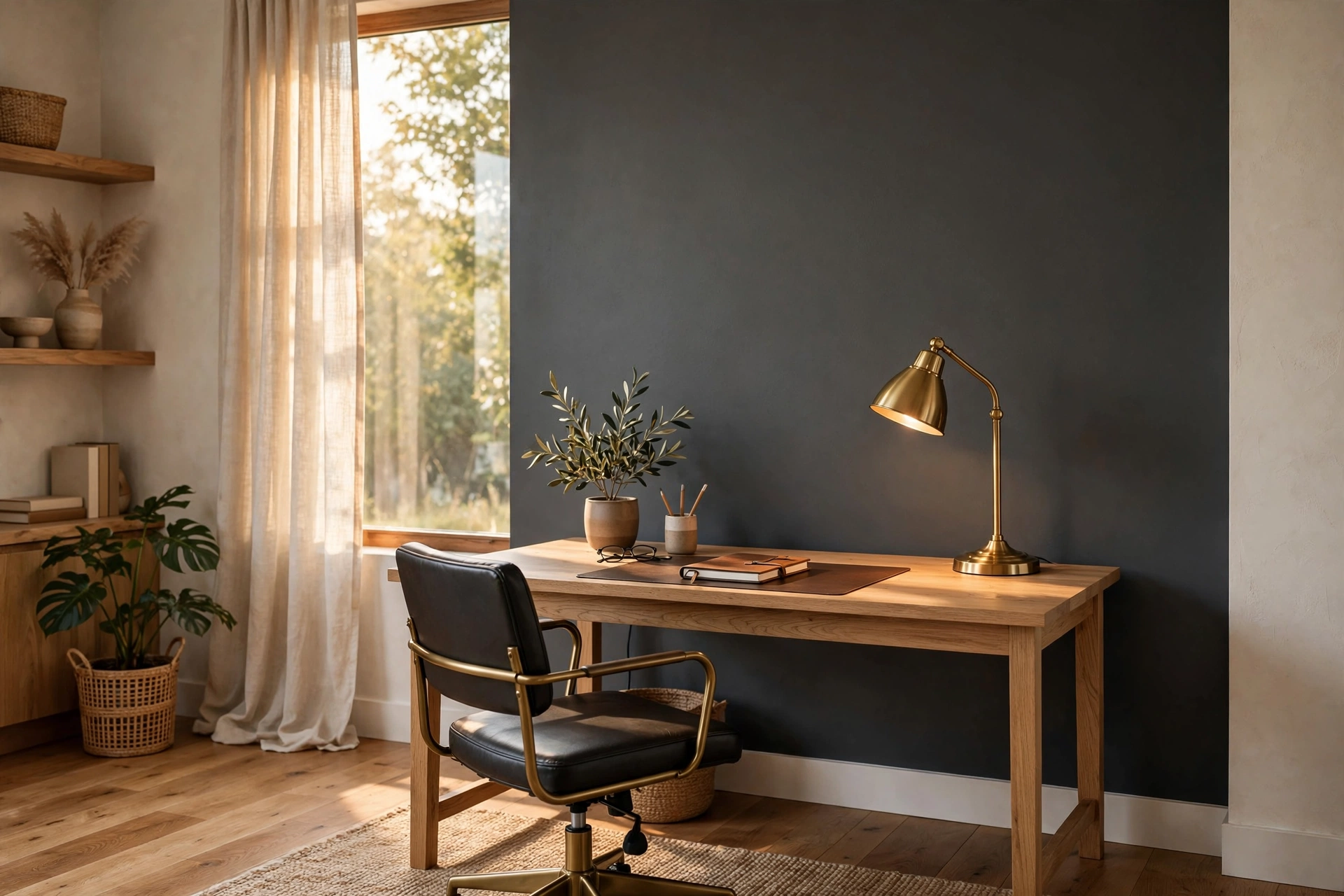 Home office with a charcoal gray accent wall behind a desk with a brass lamp