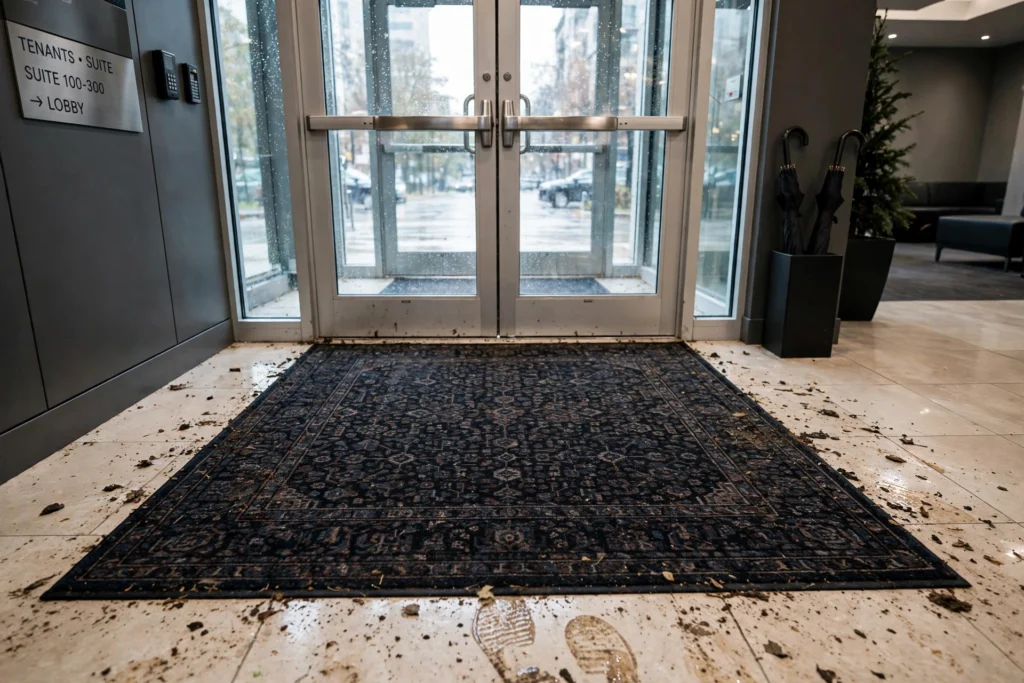 Dark patterned entryway rug hiding dirt in a high traffic entrance