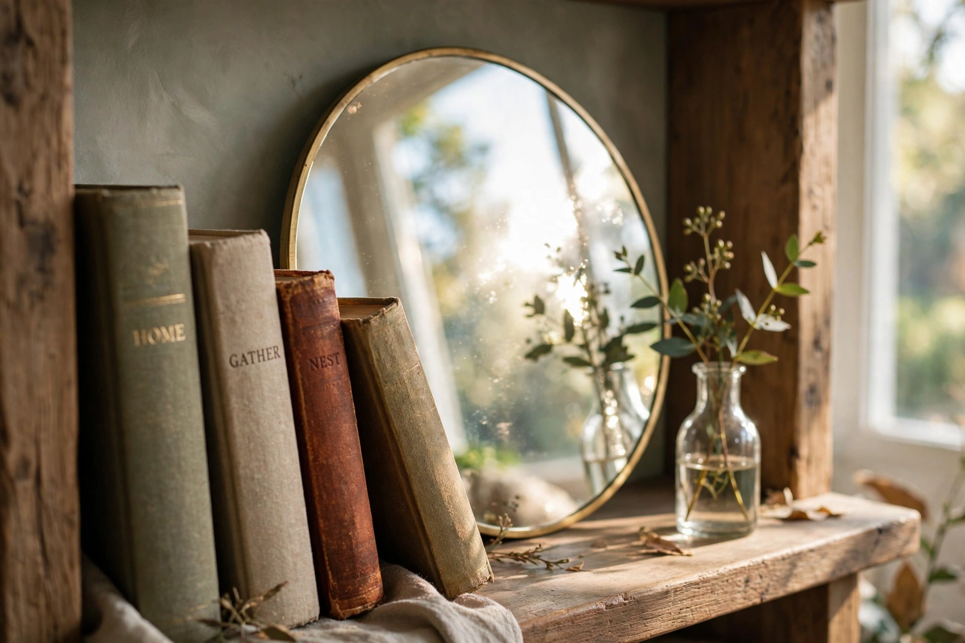 Small round mirror leaning on an entryway shelf behind books and a bud vase, reflecting light