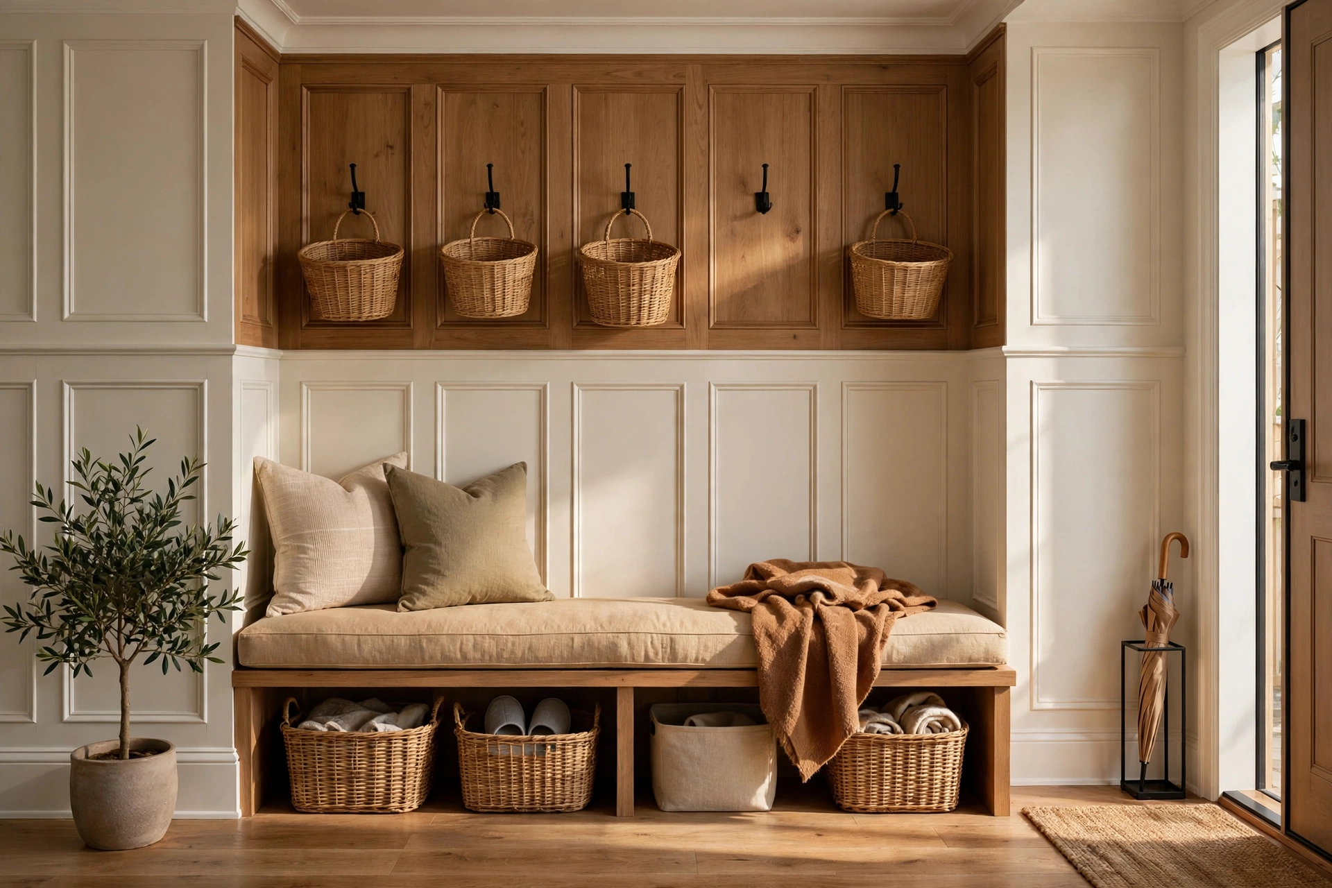 Entryway wainscoting behind a built in bench and coat hook wall with baskets