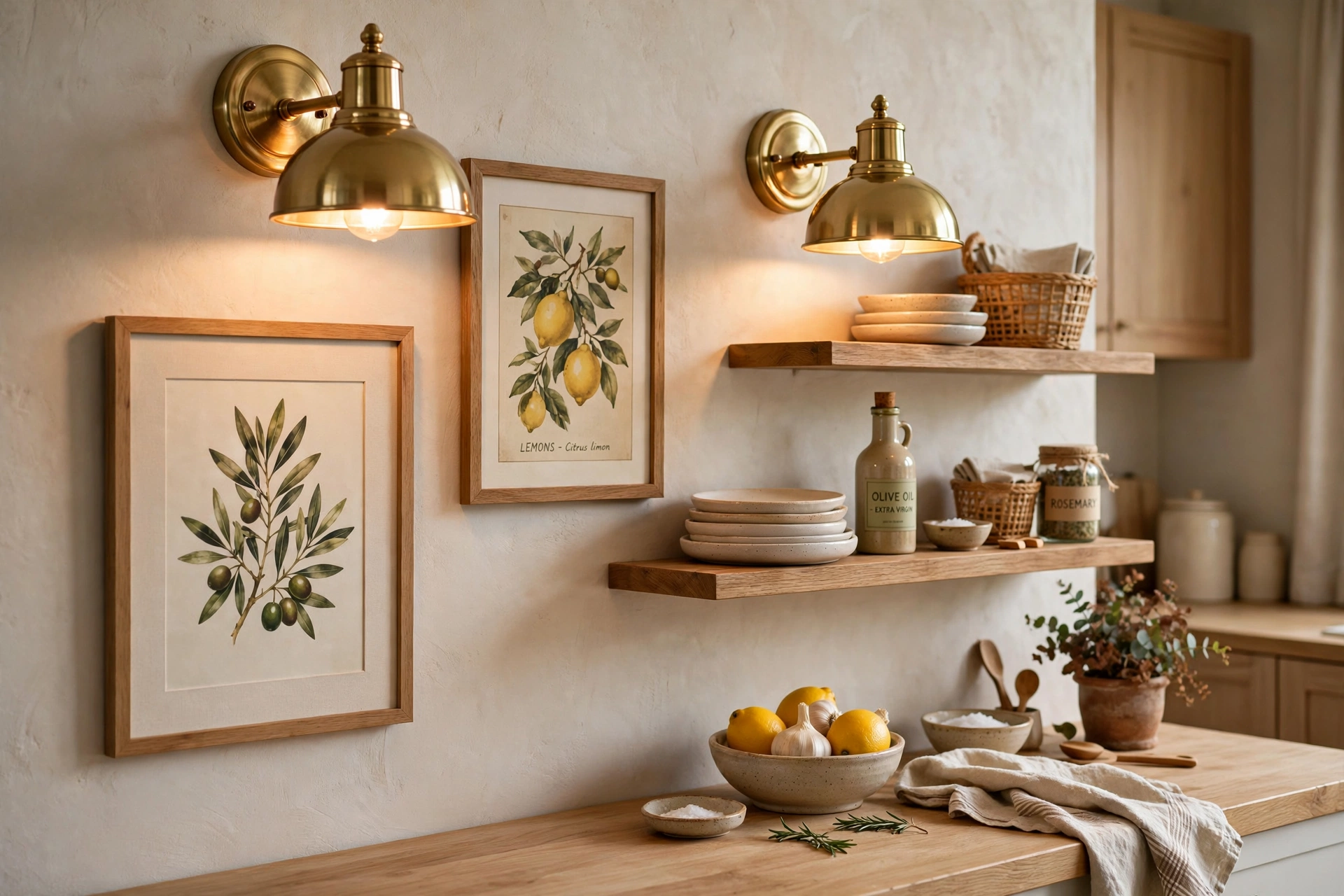 Brass wall sconces glowing beside kitchen art and open shelves