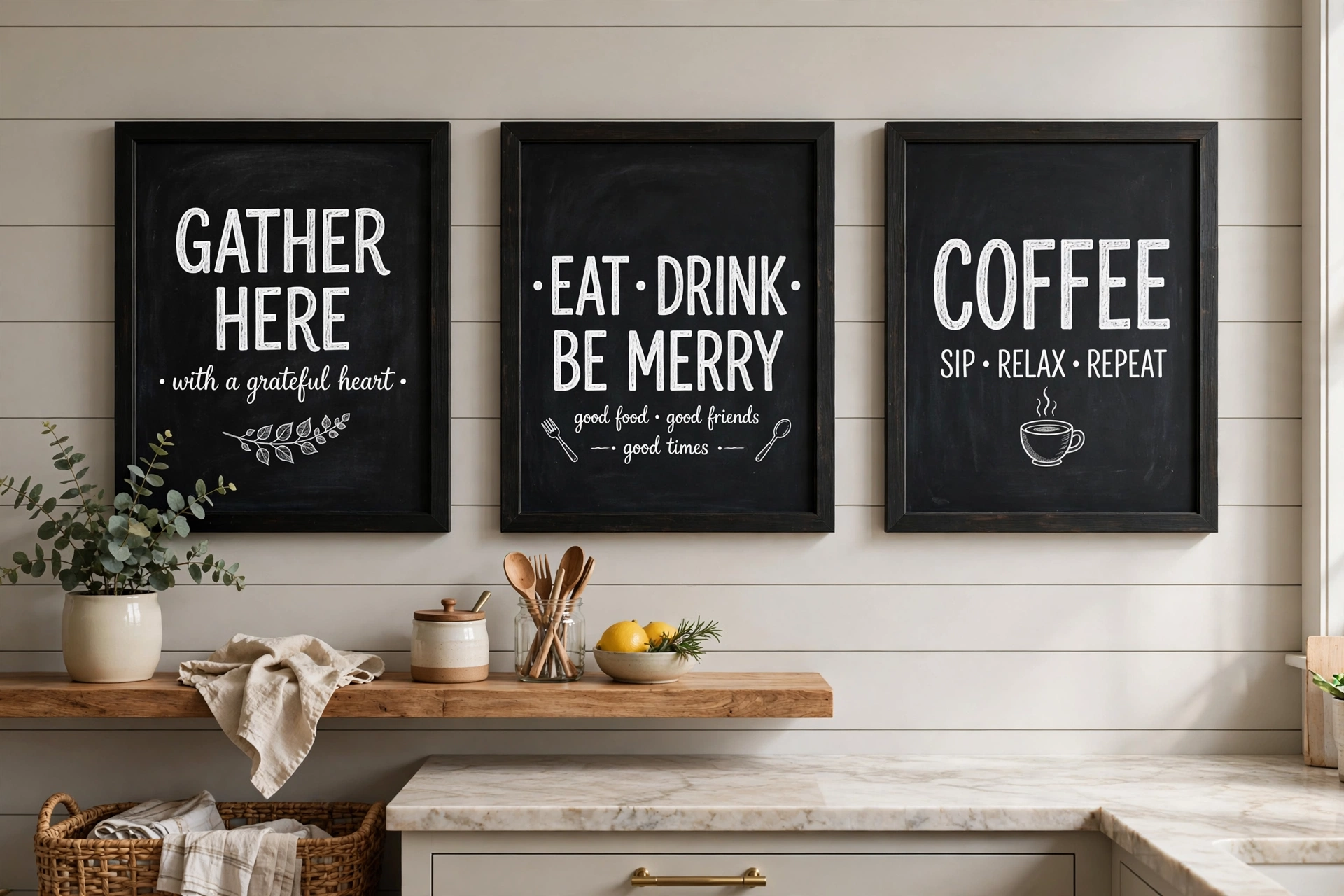 Framed chalkboard style typography art prints on a kitchen wall