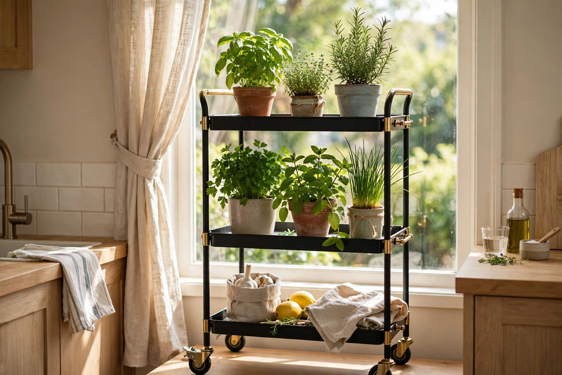 Rolling cart with potted fresh herbs near a sunny kitchen window