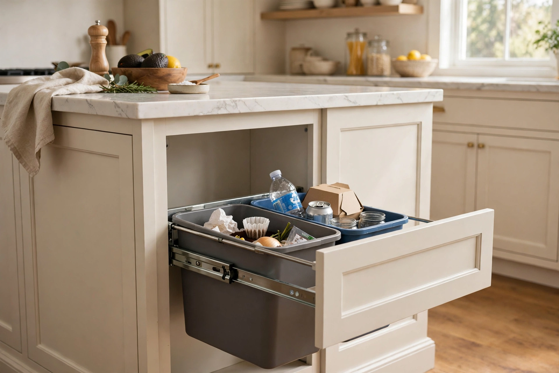 Trash pull out installed in the end panel of a kitchen island