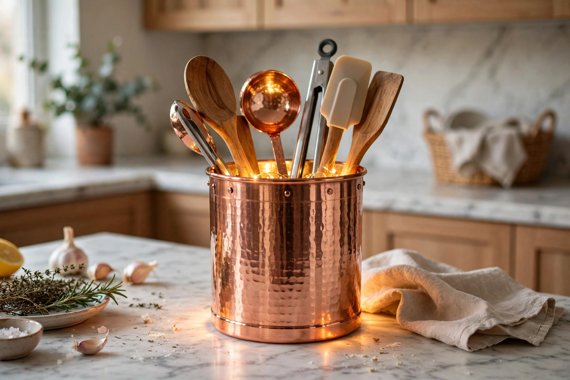 Gleaming copper utensil holder glowing on a marble kitchen counter