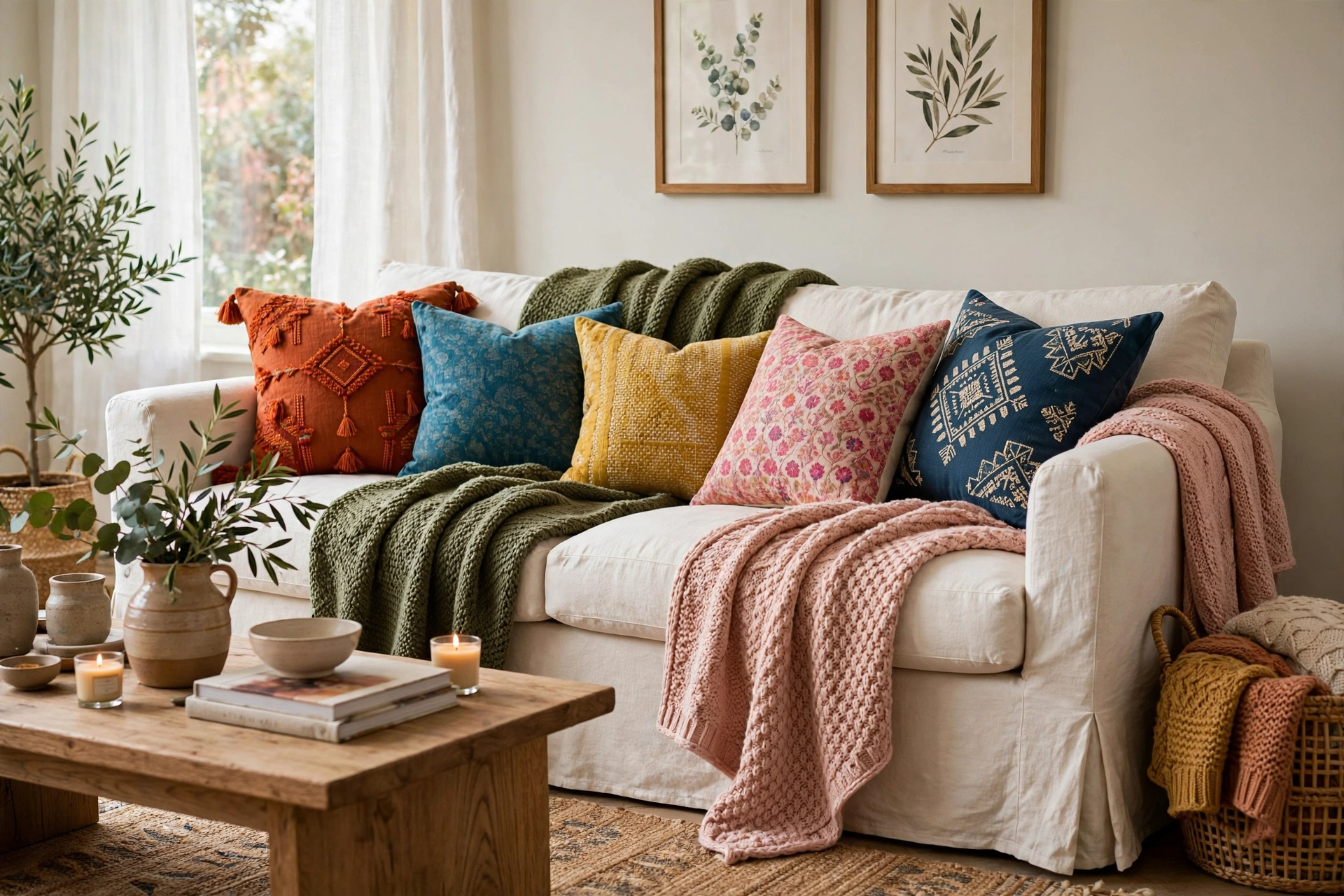 Slipcovered sofa layered with colorful throw pillows and knit blankets