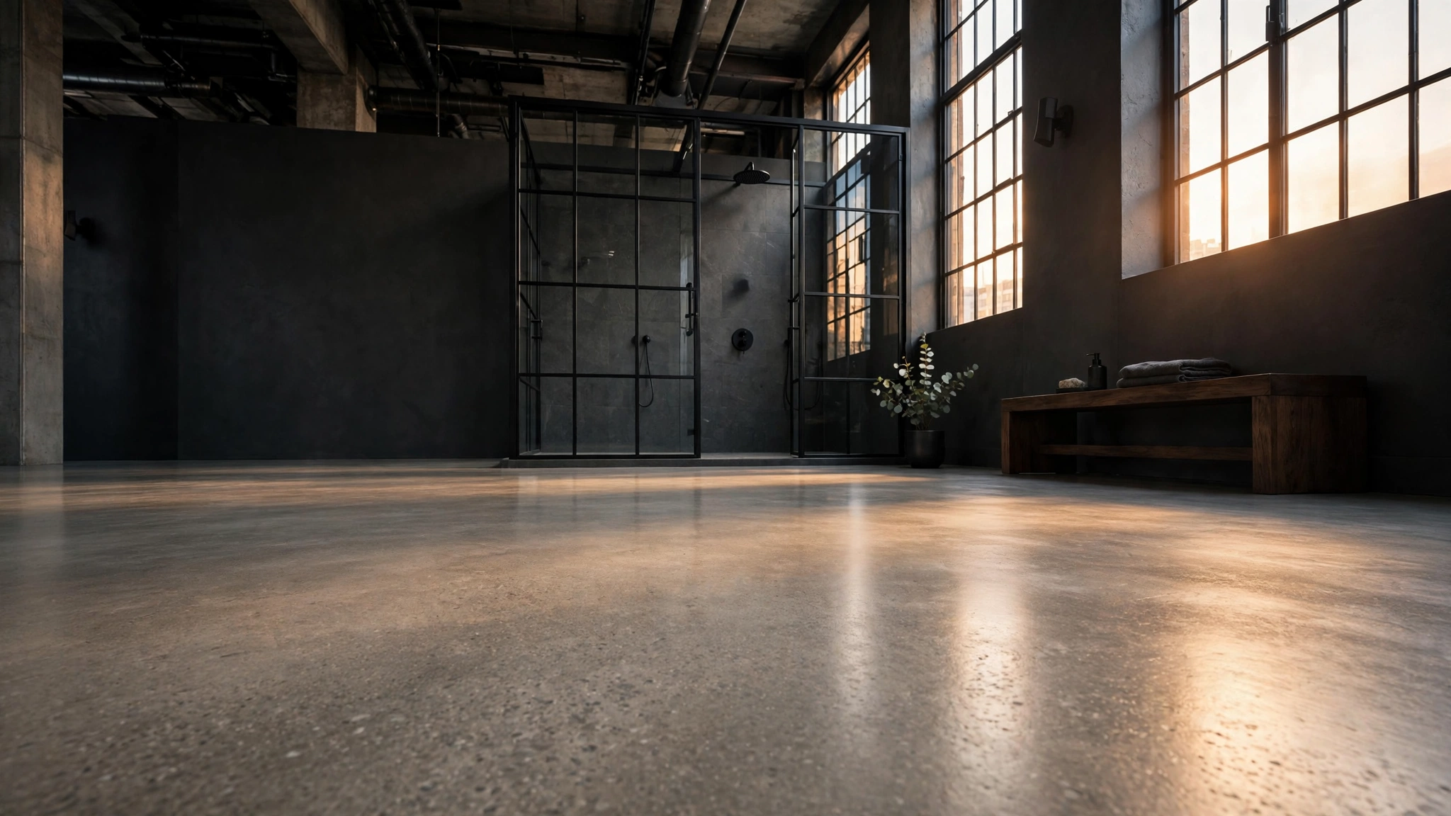Polished concrete floor with soft sheen in a loft-style industrial bathroom with steel shower