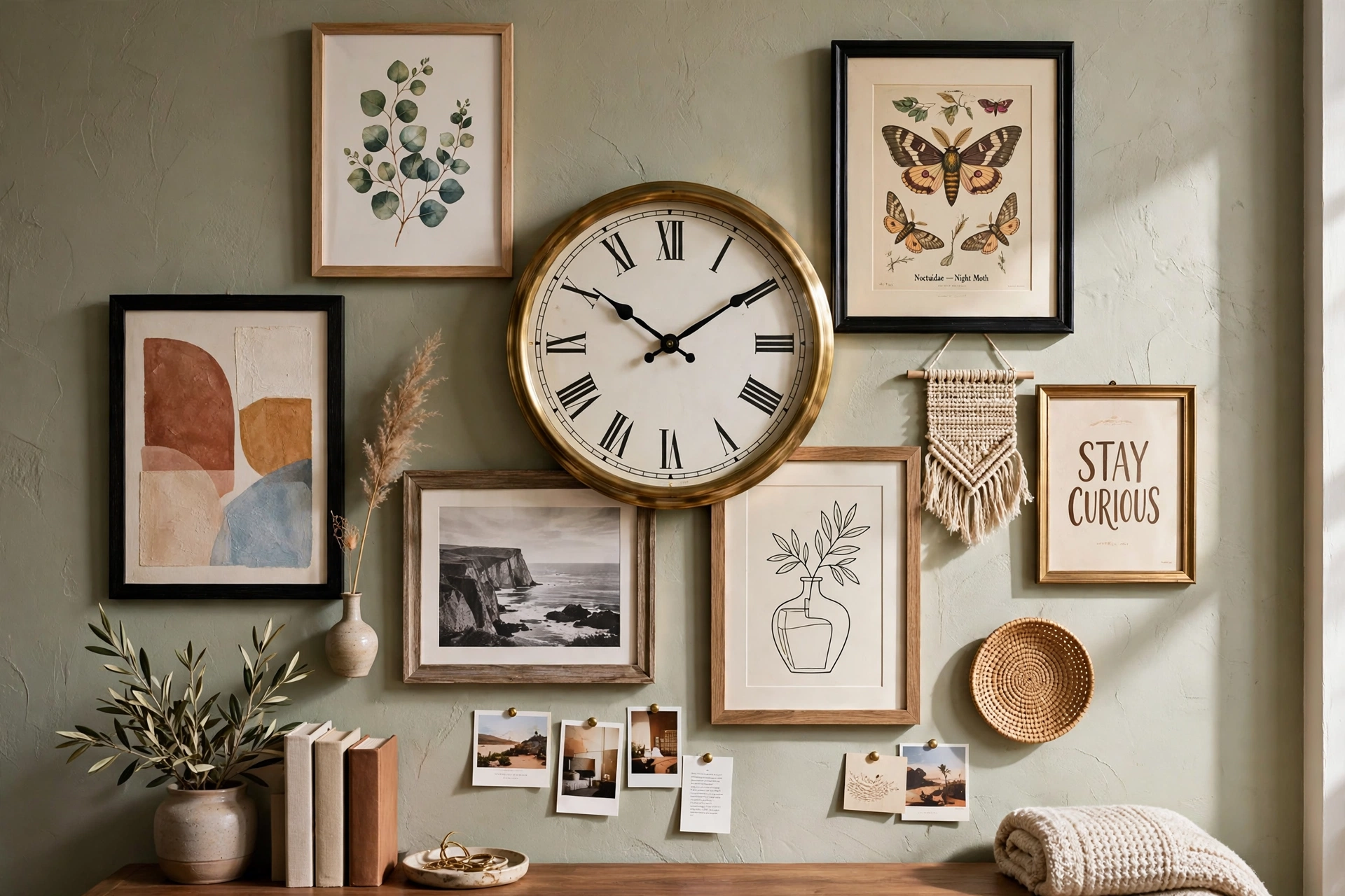 Wall clock layered into an eclectic gallery wall arrangement