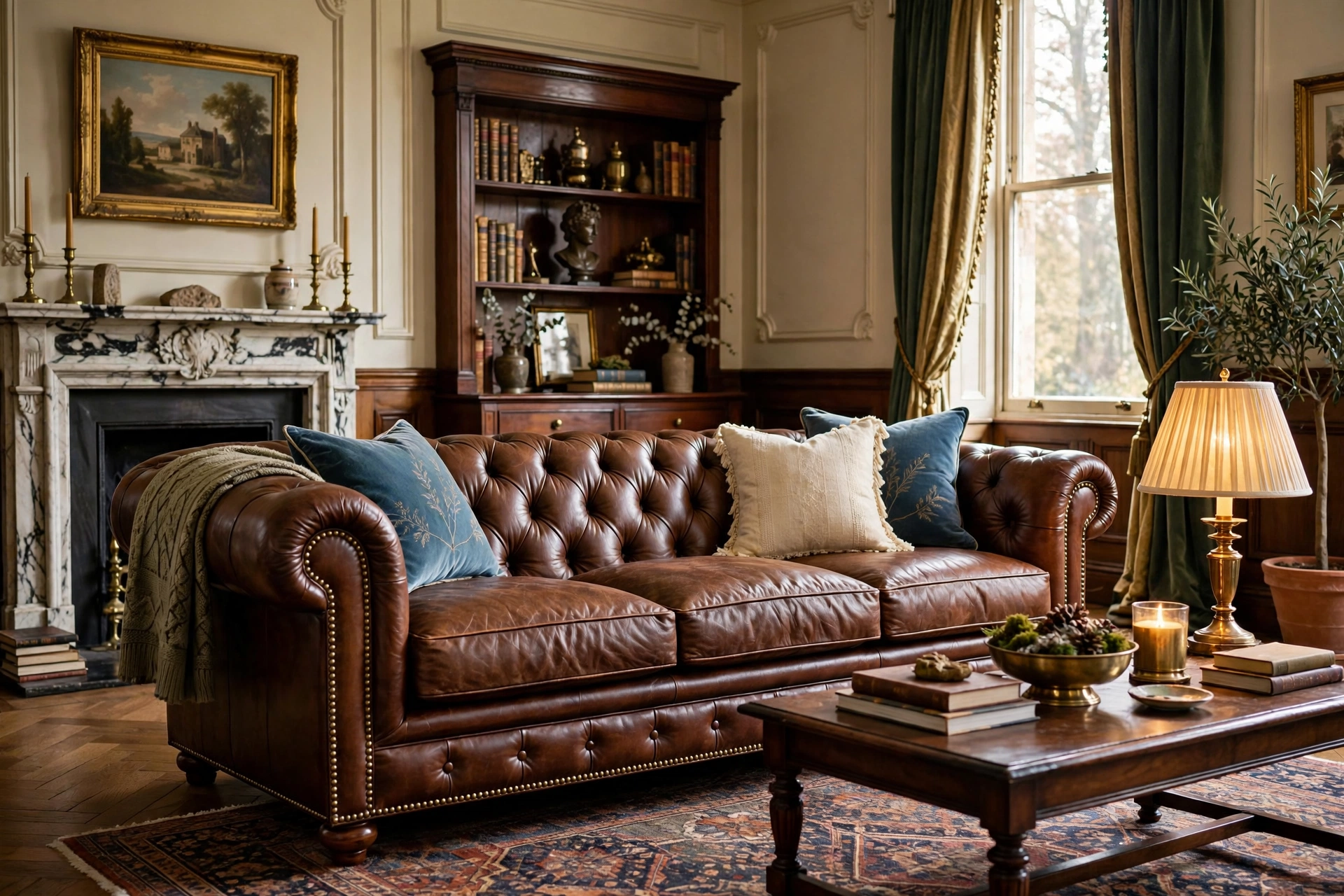 Tufted leather chesterfield sofa with nailhead trim in a classic room