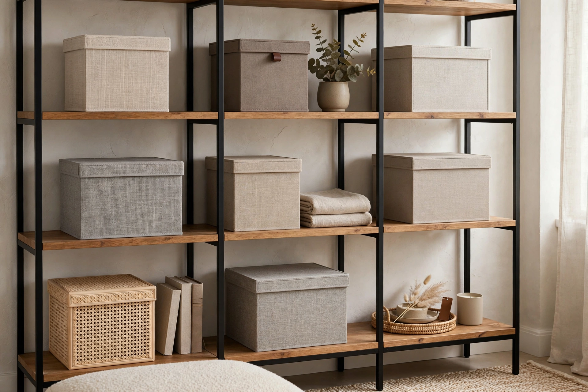 Structured lidded storage cubes in neutral tones on modern shelving