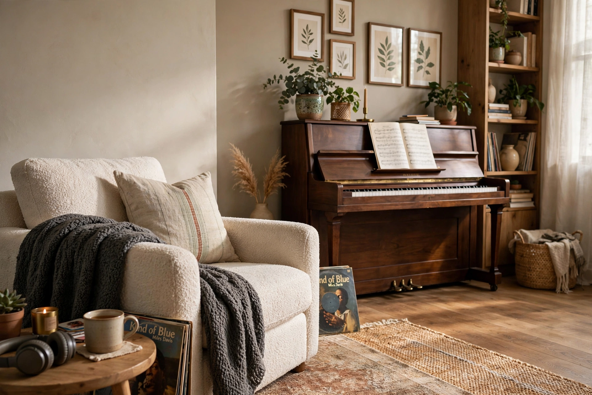 Cozy armchair listening nook angled toward a living room piano