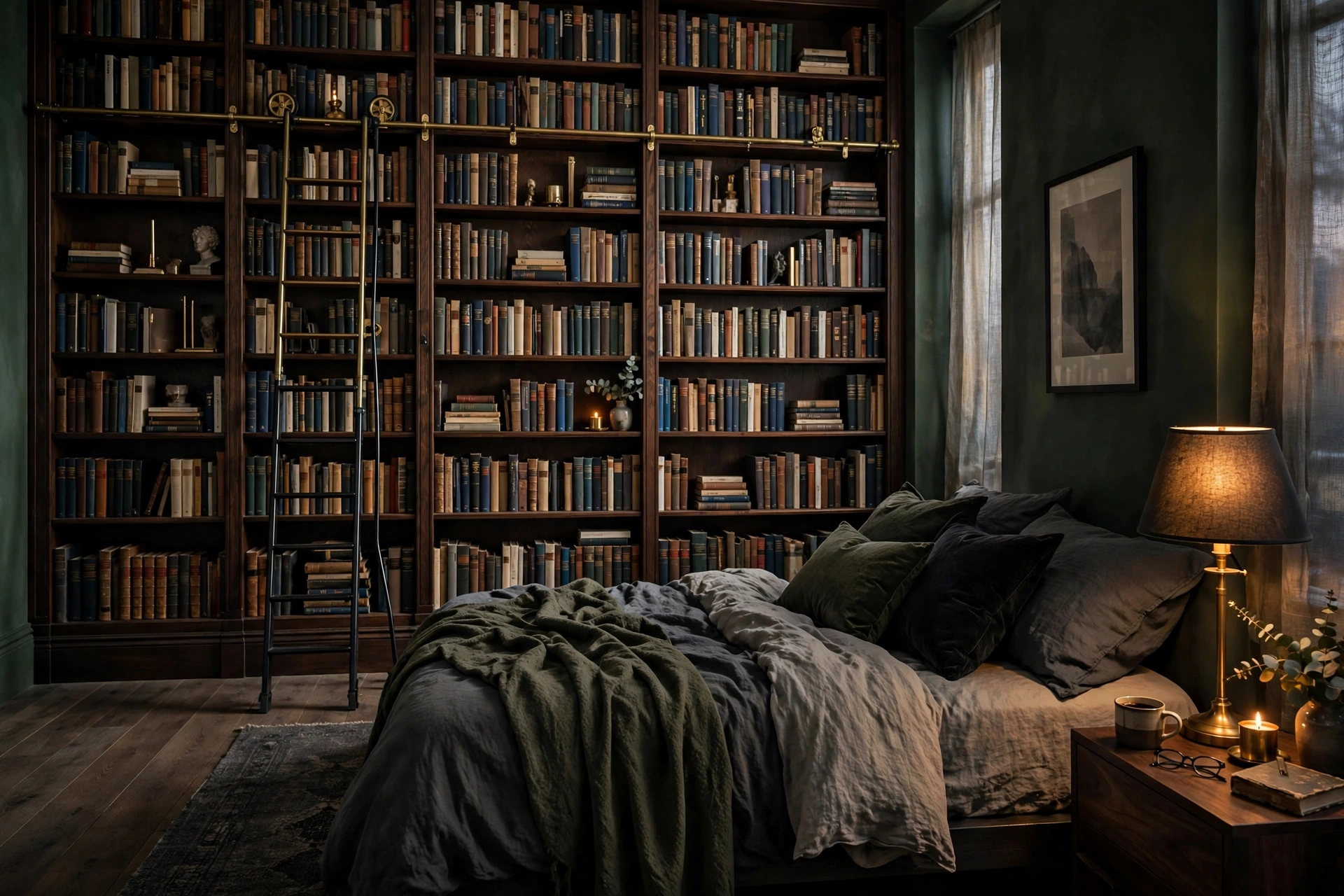 Floor-to-ceiling library wall of bookshelves in a moody bedroom