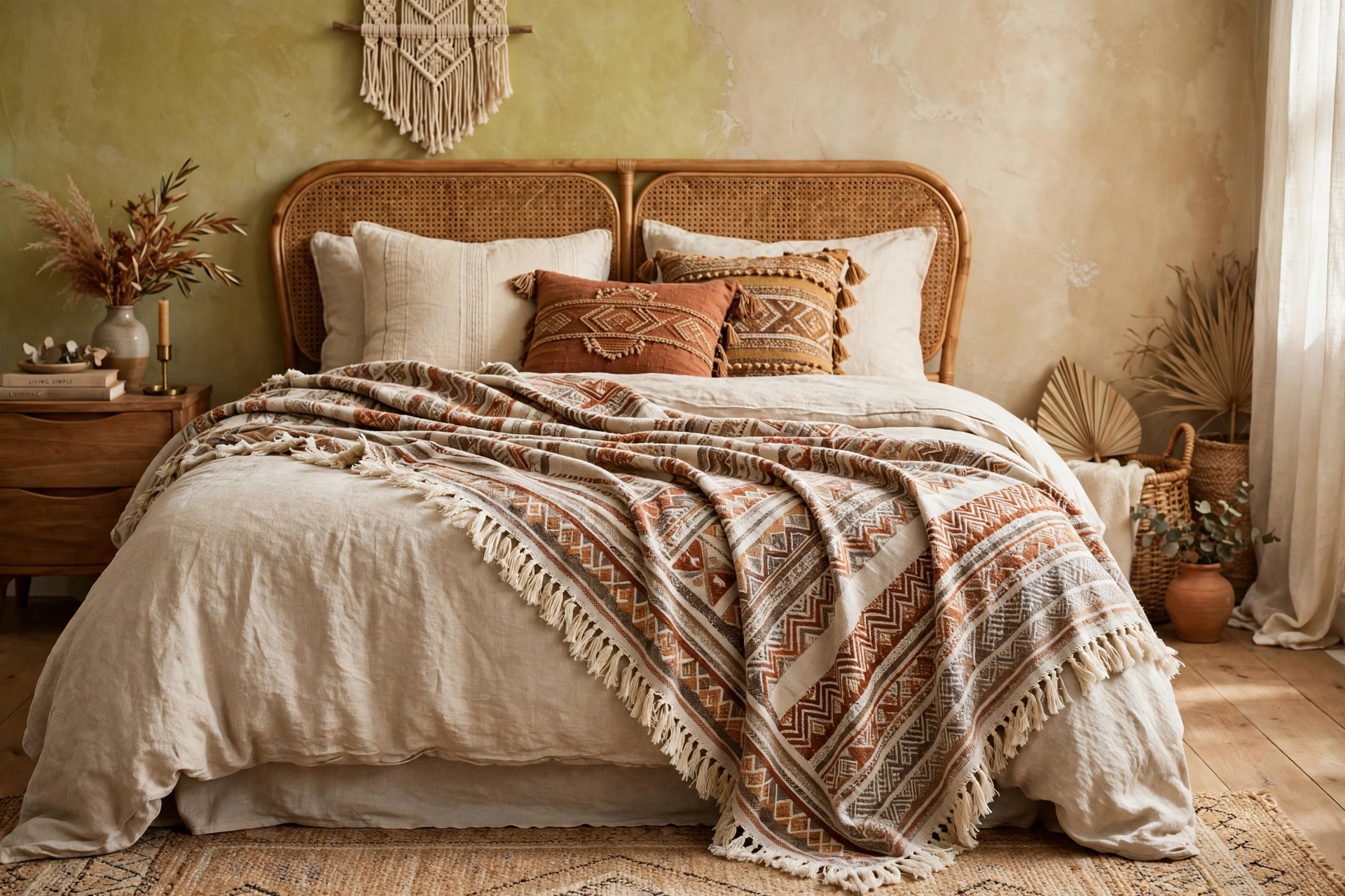 Fringed boho throw blanket draped diagonally across a styled bed