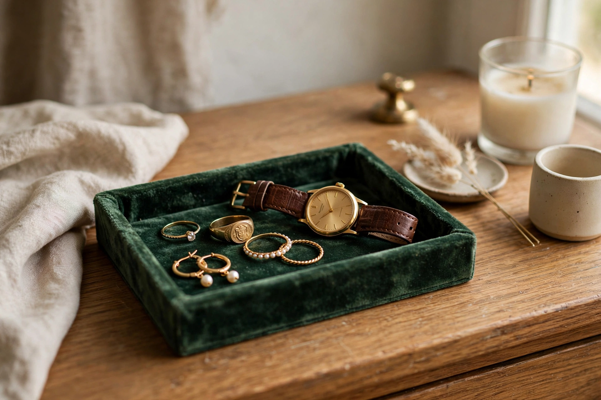 Small velvet-lined tray holding rings watch and earrings on dresser