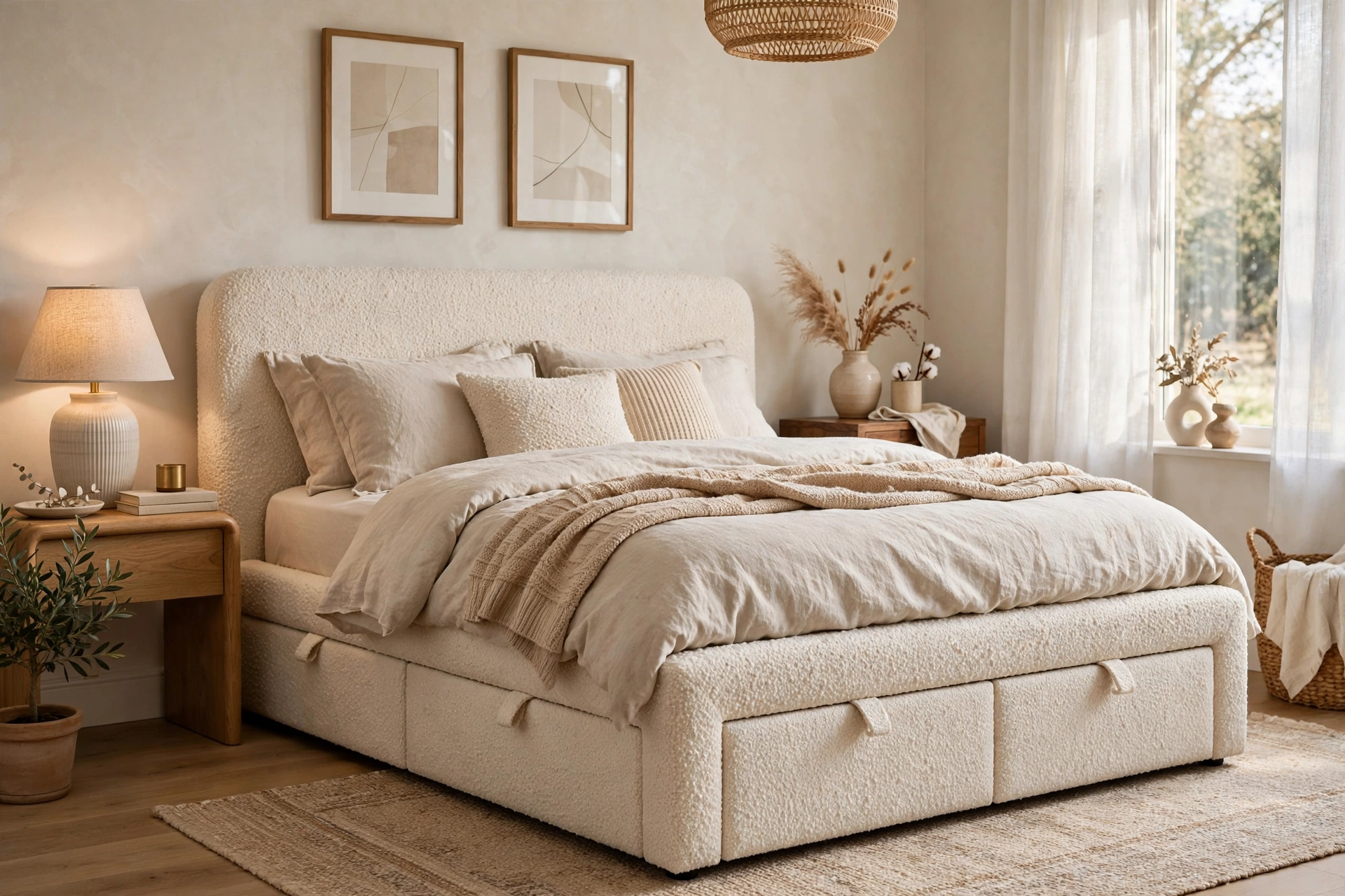 Boucle upholstered storage bed with fabric-covered drawers in a bedroom