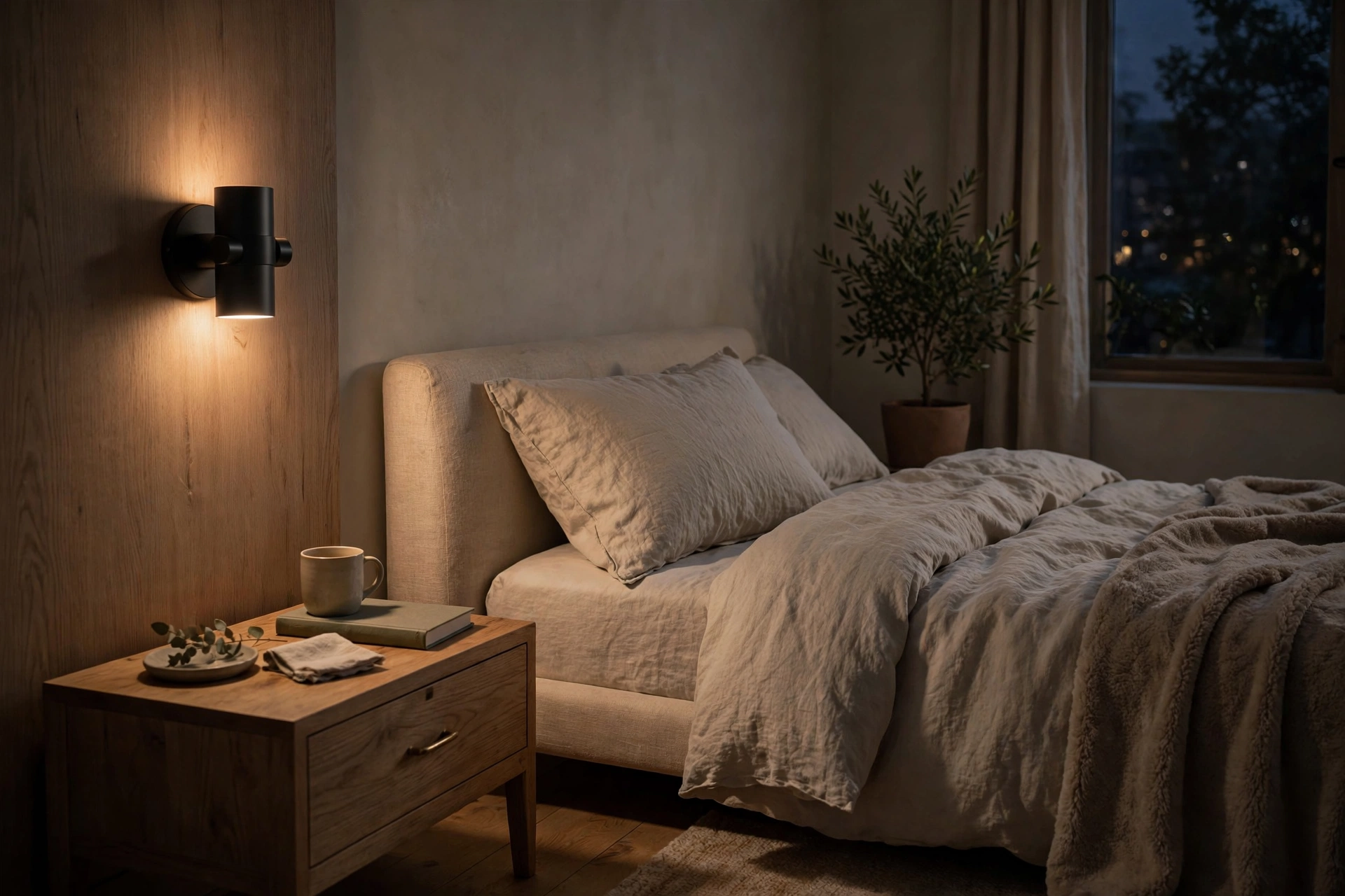 Dimmable wall sconce glowing low for evening mood in a bedroom