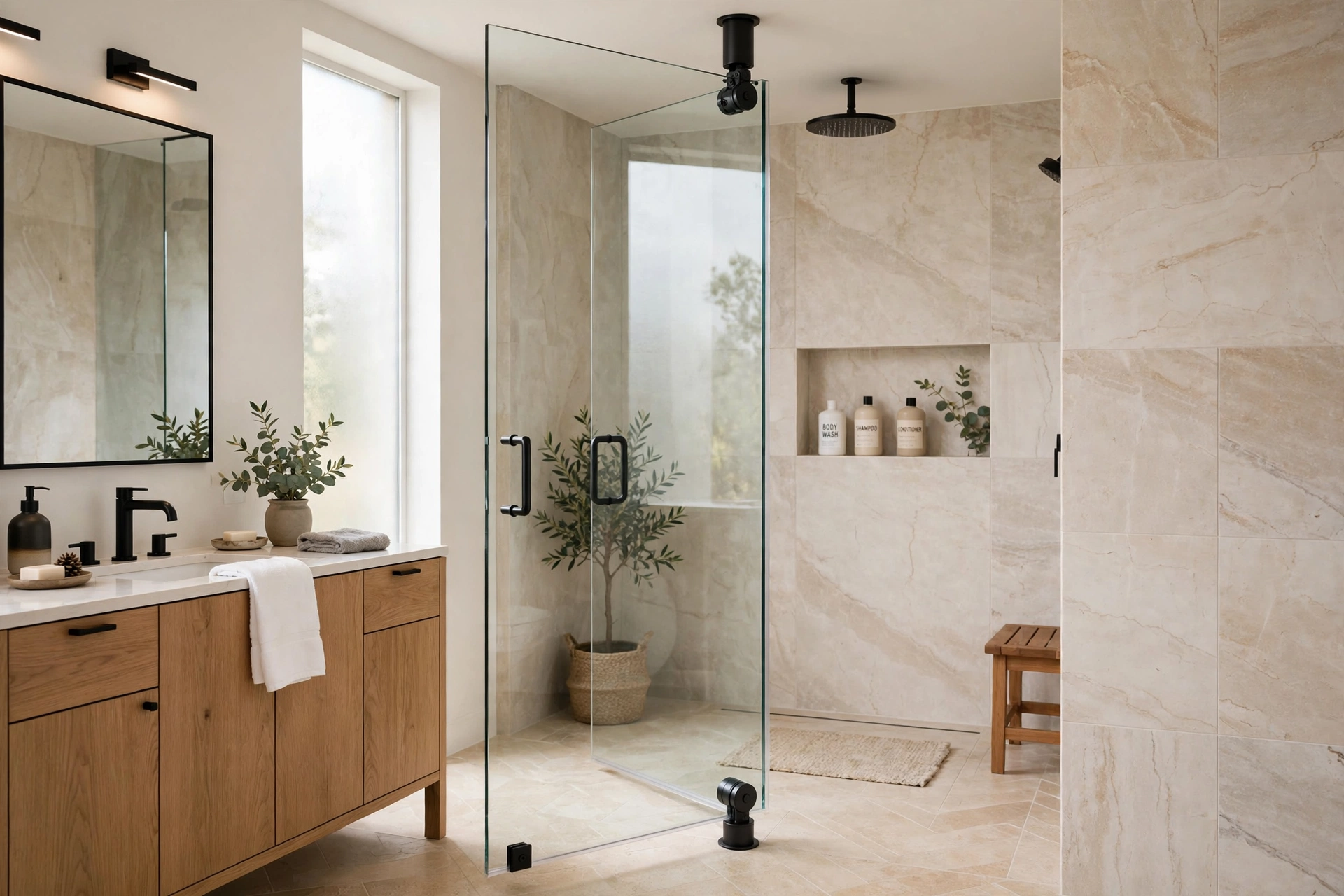 Pivot shower door with top and bottom pins in a sleek bathroom