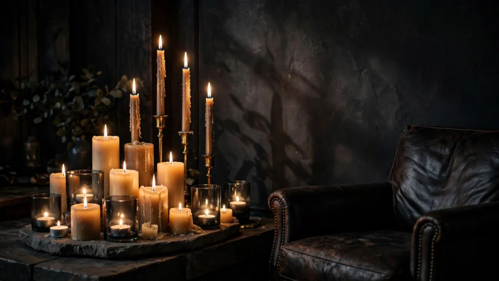Cluster of lit candles in brass holders beside a leather chair in a dark living room