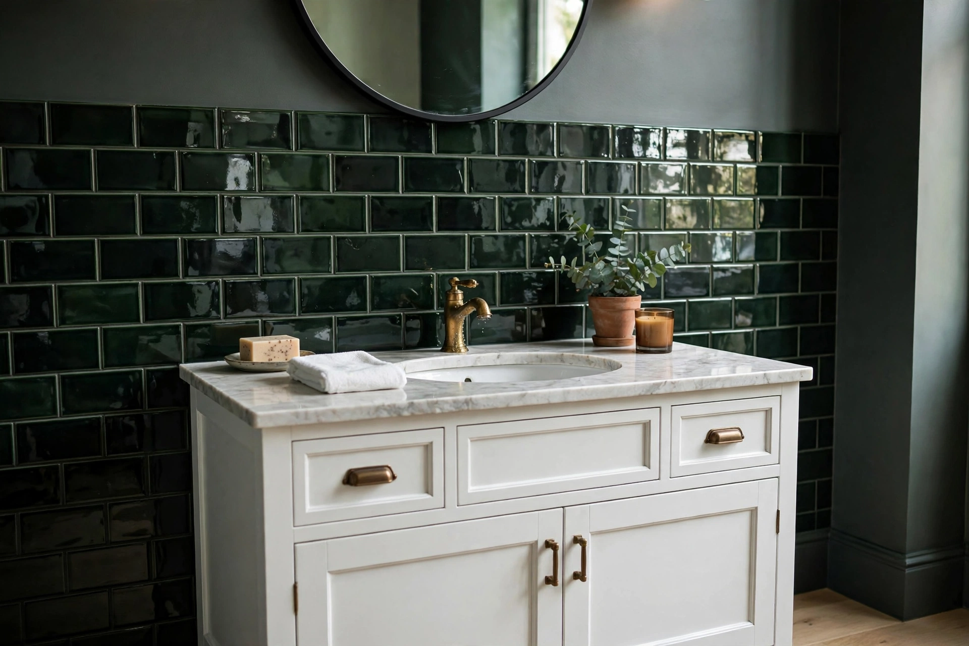 Moody dark green glossy tile backsplash behind a white bathroom vanity