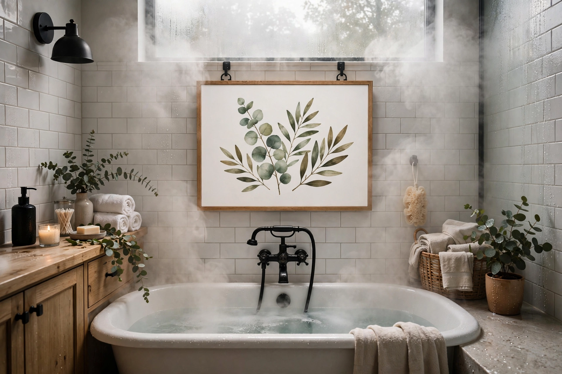 Waterproof canvas print hung safely above a bathtub in a steamy bathroom