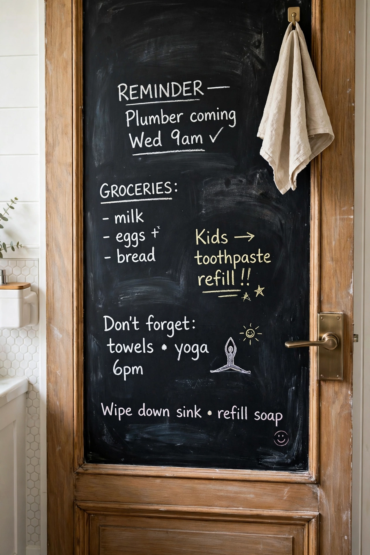 Bathroom door section painted with chalkboard paint and handwritten notes