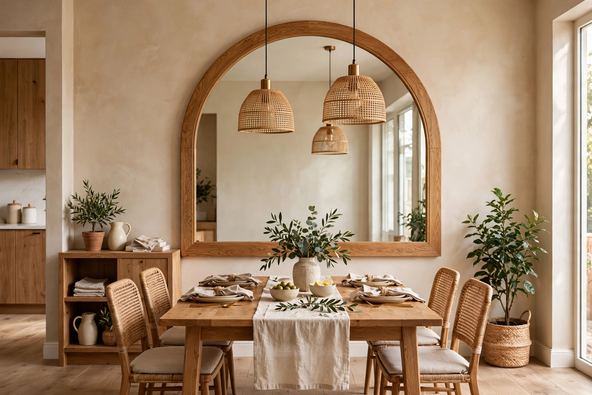 Oversized arched mirror as the focal point on a dining room wall