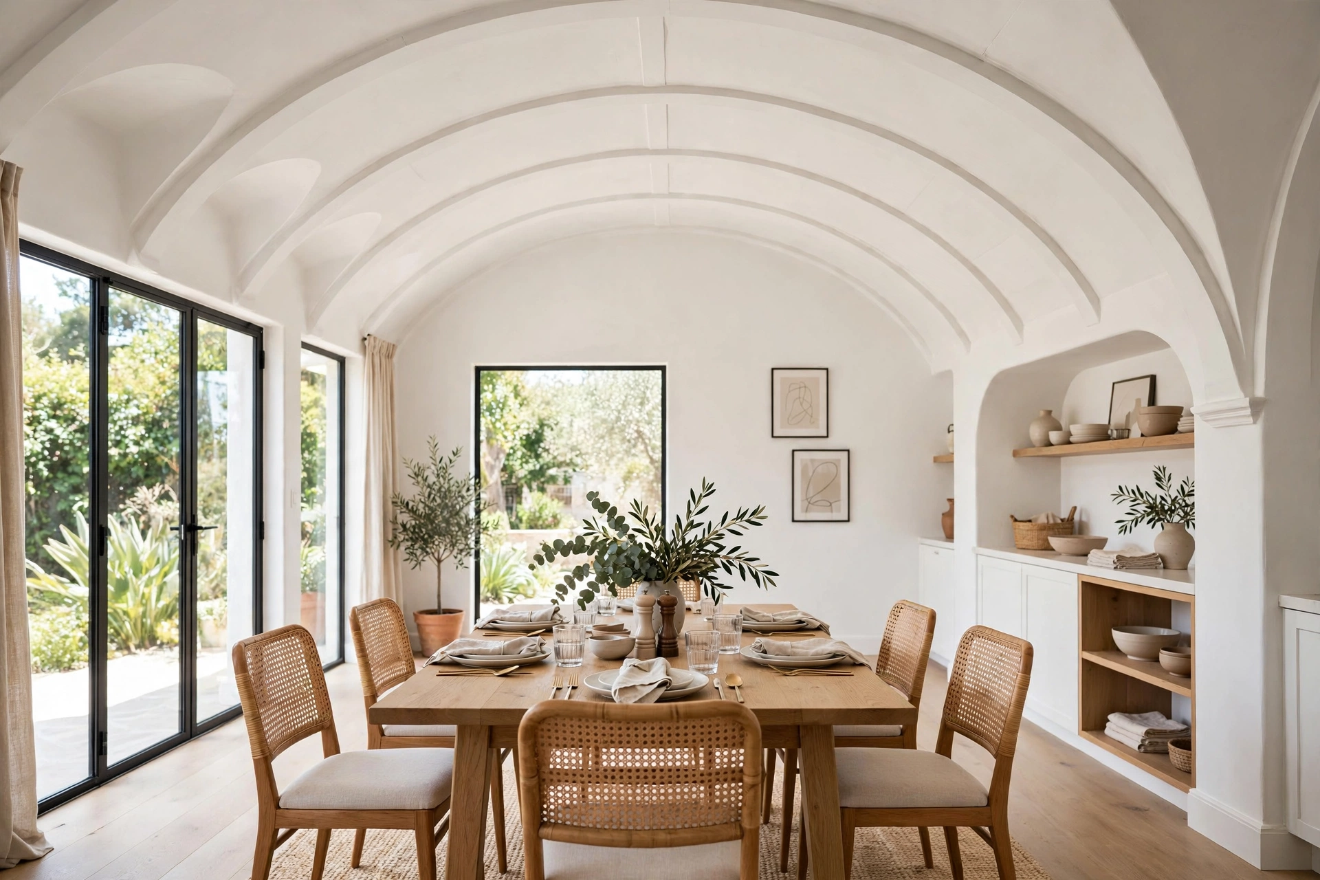 Bright dining room with a curved barrel vault ceiling overhead