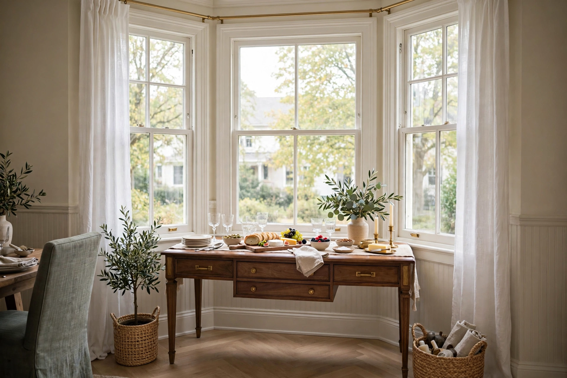 Console table styled as a serving station inside a dining bay window