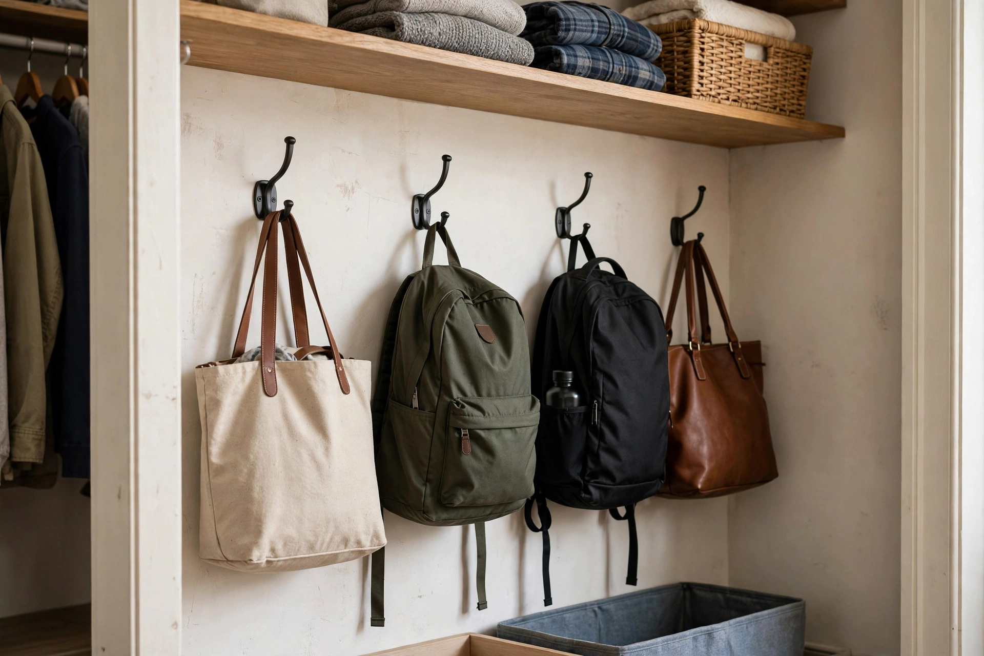 Sturdy wall hooks holding bags and backpacks inside a closet