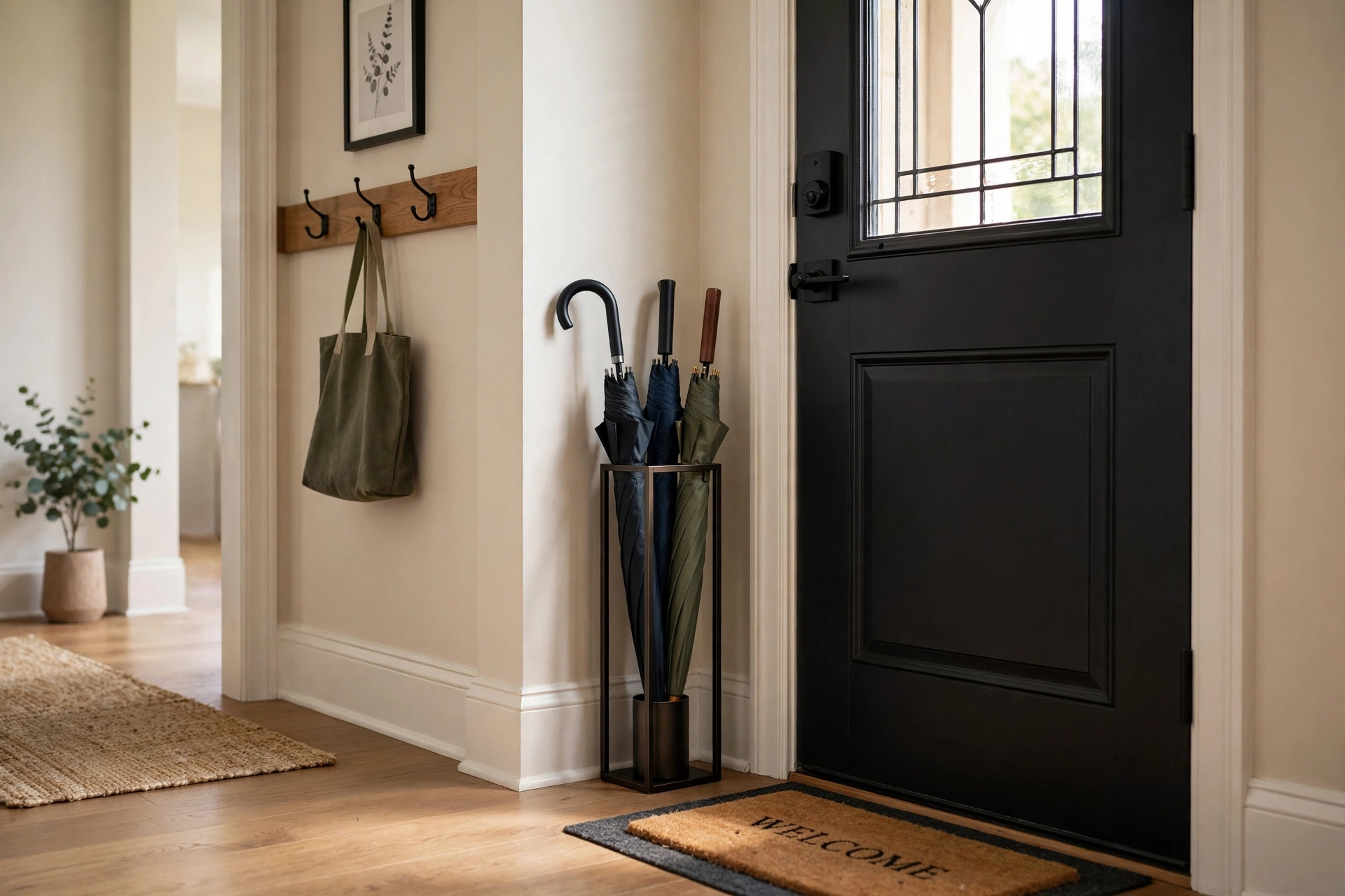Slim corner umbrella stand tucked beside the door in a narrow hallway