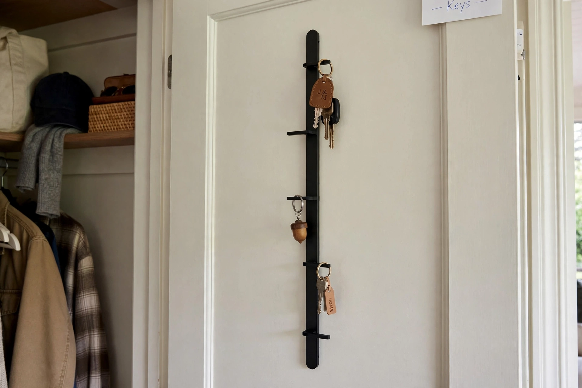 Key hooks mounted inside an entryway closet door, hidden from view