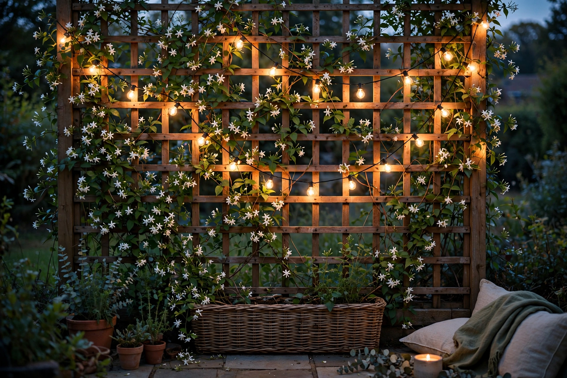 Warm string lights draped across a trellis wall with climbing jasmine