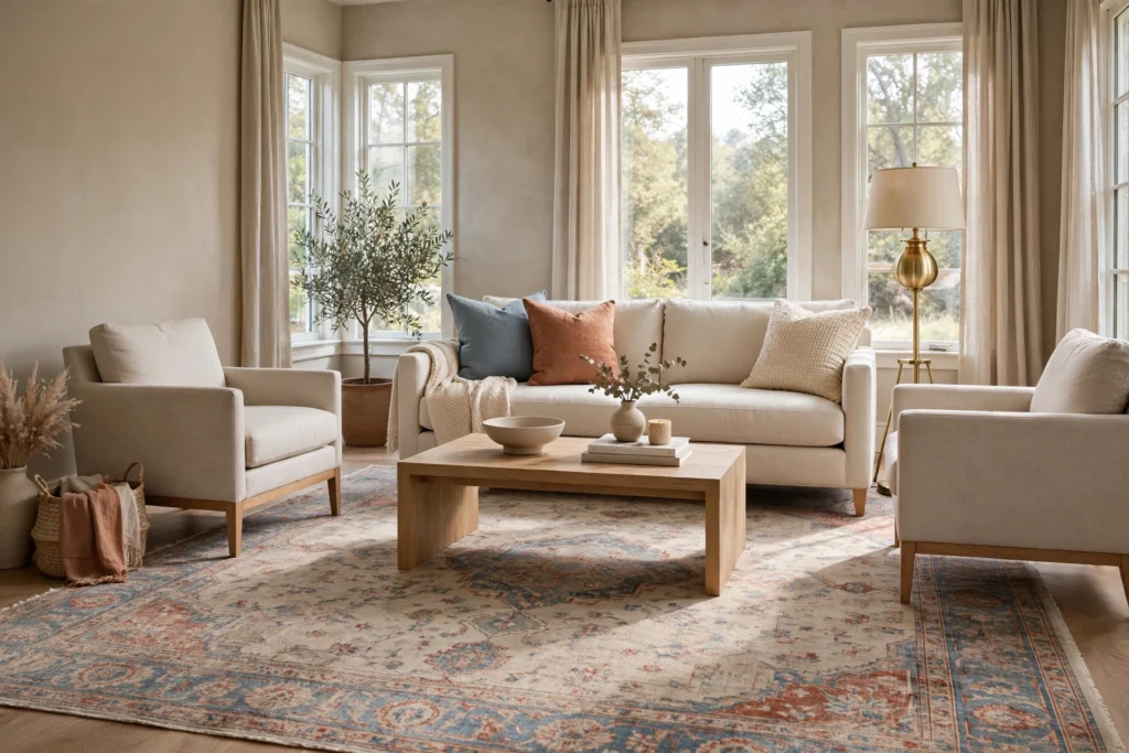 Faded Persian rug in muted tones under a tailored cream sofa and modern chairs