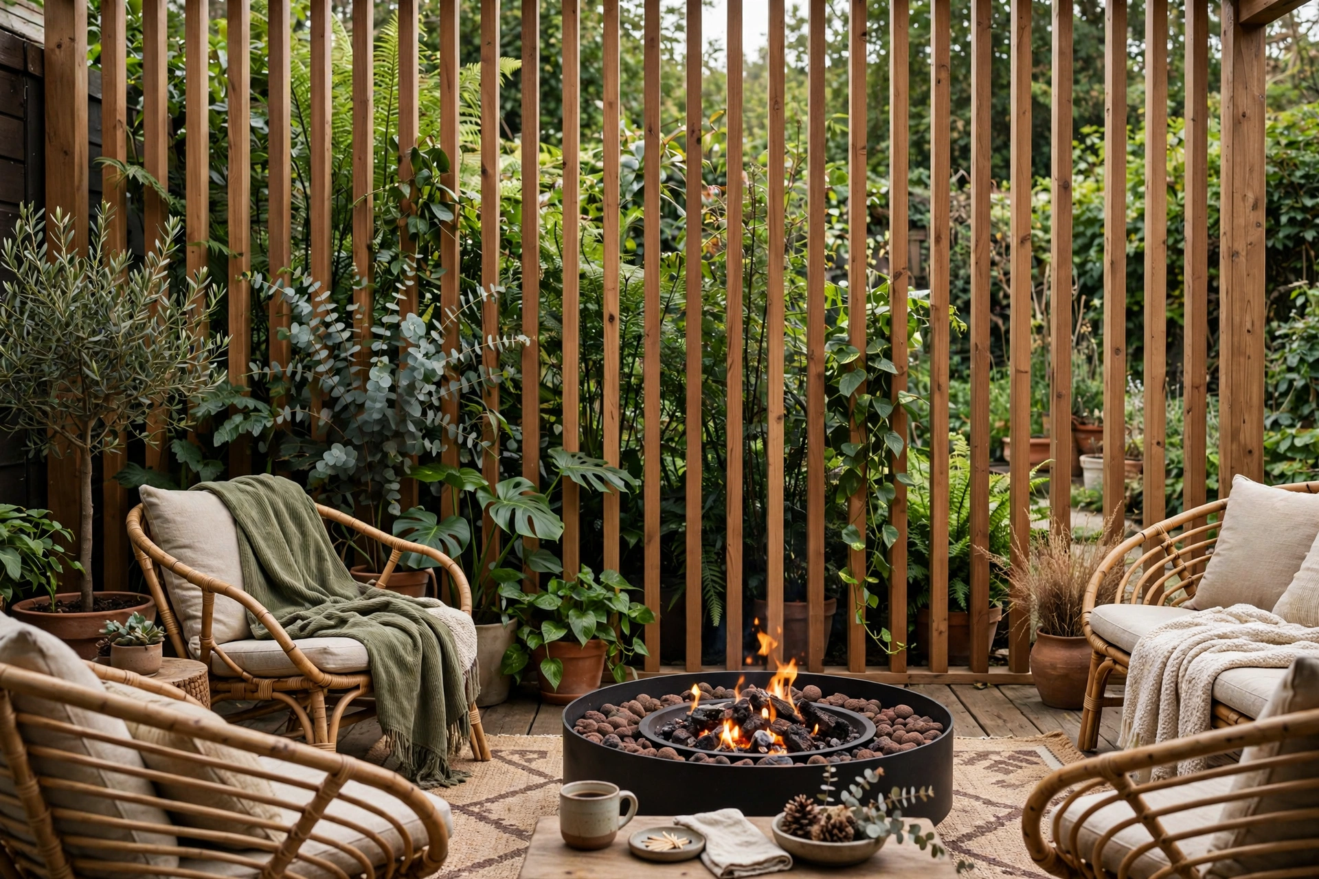 Slatted wood privacy screen with plants behind a fire pit area