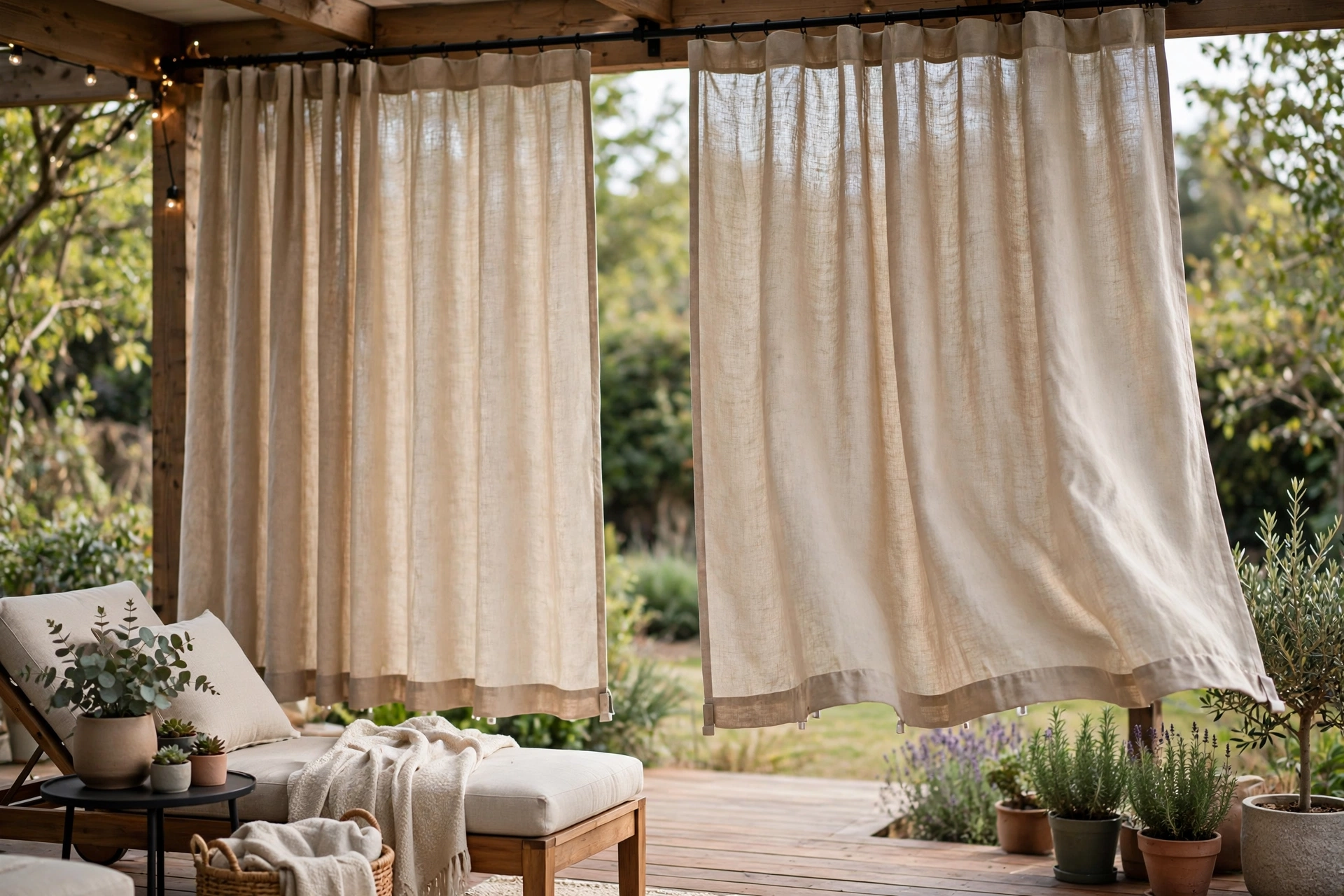 Outdoor curtain panels with weighted hems secured against a light breeze