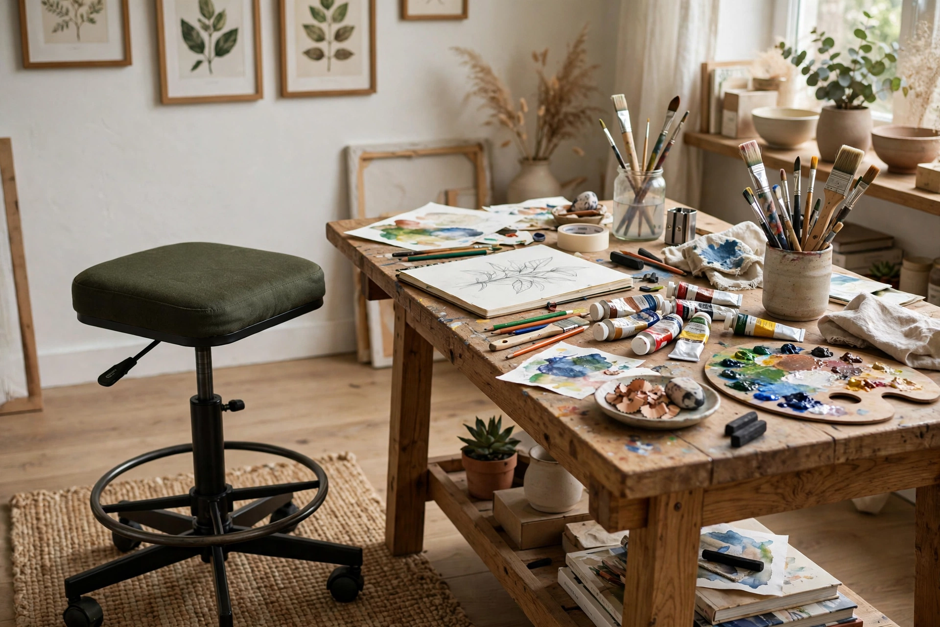 Adjustable artist stool with footrest beside a studio work table