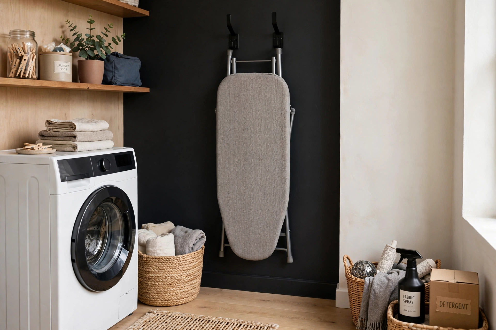 Ironing board stored flat on wall hooks in a tidy laundry corner