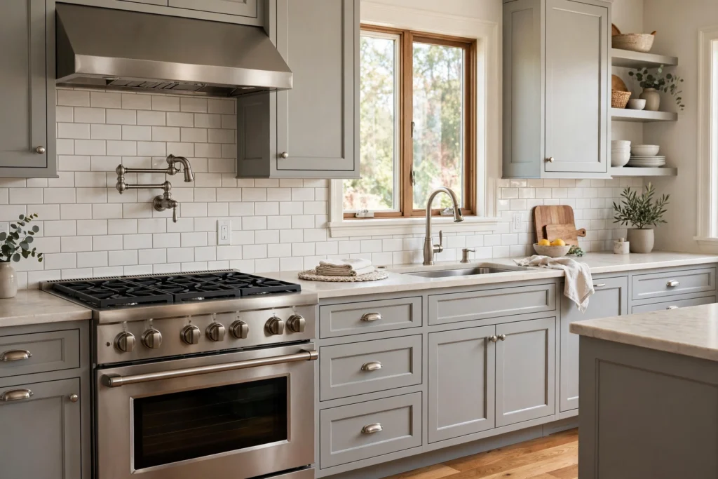 Coordinated brushed nickel pot filler and kitchen faucet in matching finishes