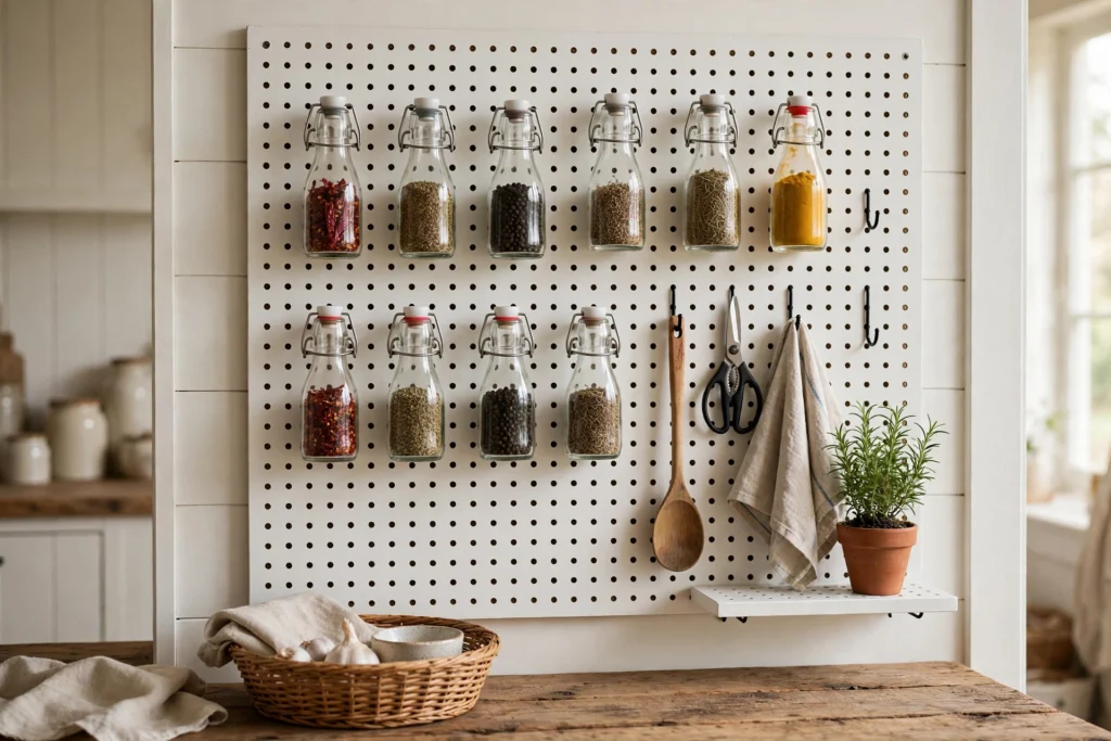 Painted pegboard wall holding spice jars, hooks, and a small potted herb