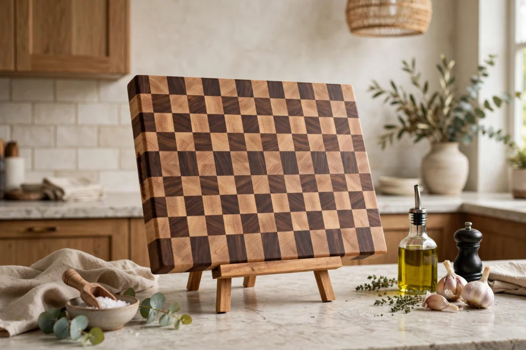 Checkerboard end-grain cutting board propped on a small easel as kitchen art