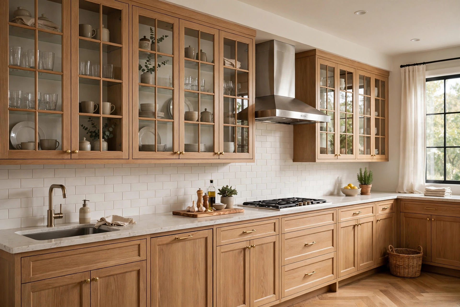 Kitchen mixing glass display uppers with solid lower cabinets strategically