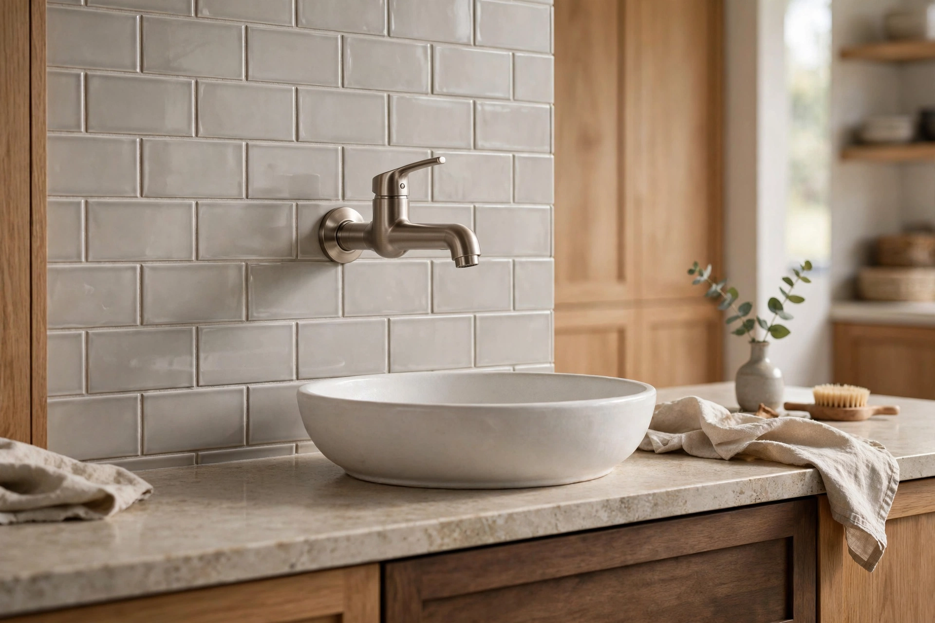 Wall-mounted faucet emerging from tile backsplash above a vessel-style sink