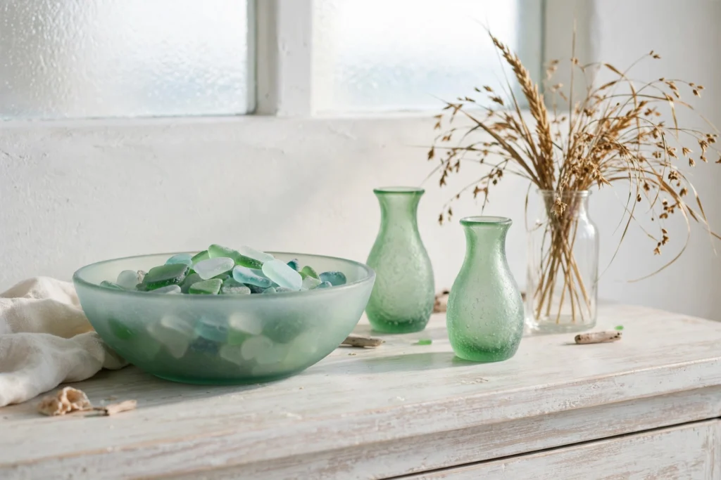 Sea-glass bowl and frosted green glass vases styled on a whitewashed dresser